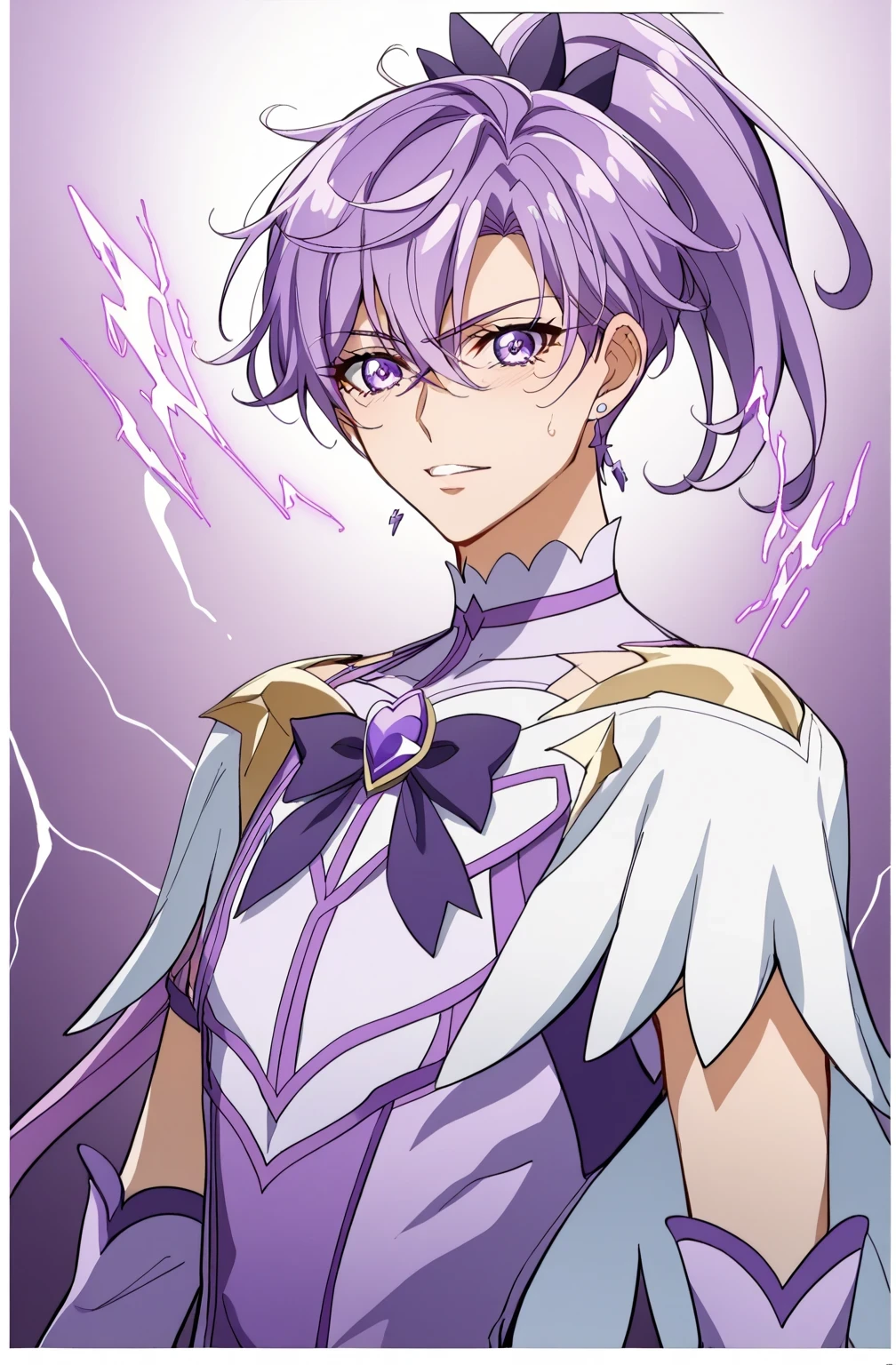 score 9 、score 8 up、score 7 up、source anime、masterpiece、Highest quality、High Resolution、anime coloring、1boy 、Cure Sword、(male:1.6)、close-up of a boy cartoon character with purple hair、high short ponytail hair、spade shape hair ornament、Alone、portrait of Magic Boy、 Boy in a White and Purple Dress 、isolated、Long Legged 、Heavenly Aura、Lightning Aura、 White and Purple Miniskirt 、white shoulder pats、 purple arm warmers、purple detached sleeves、purple waist bow、Bare legs、bare thighs、 purple thigh-high boots 、 Symphogear Flavor 、 Boy with Short Light Purple Hair 、 Prince of Amethysts 、Official Character Art、style of Magic Boy、masculinization、Magic Boy、 Anime Boy 、official art、High Resolution、perfect costume、sparkling Magic Boy、(manly:1.6)、With Sparkling Purple Eyes 、perfect body、perfect hands、perfect arms、perfect legs、 male focus、looking at viewer、Alone focus、cowboy shot、(male body:1.6)、beefcake style、purple background、