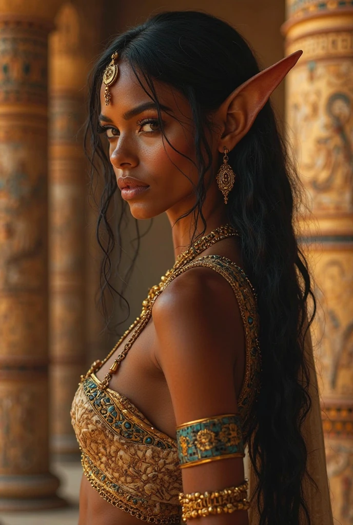 Masterpiece, high quality, (Deep brown skin tone), elf, fit, beautiful elf, sexy elf, female, portrait, piercings, virgin, black eyes, princess, Aesthetic