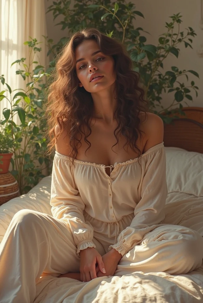 (photorealism:1.2), beautiful woman, sitting on bed, wearing loose off-shoulder top, pajama pants, long curly hair, indoors, soft lighting, plants in background, window with sunlight, cozy room, relaxed pose, realistic, intricate details, warm colors, by Greg Rutkowski, by Alphonse Mucha