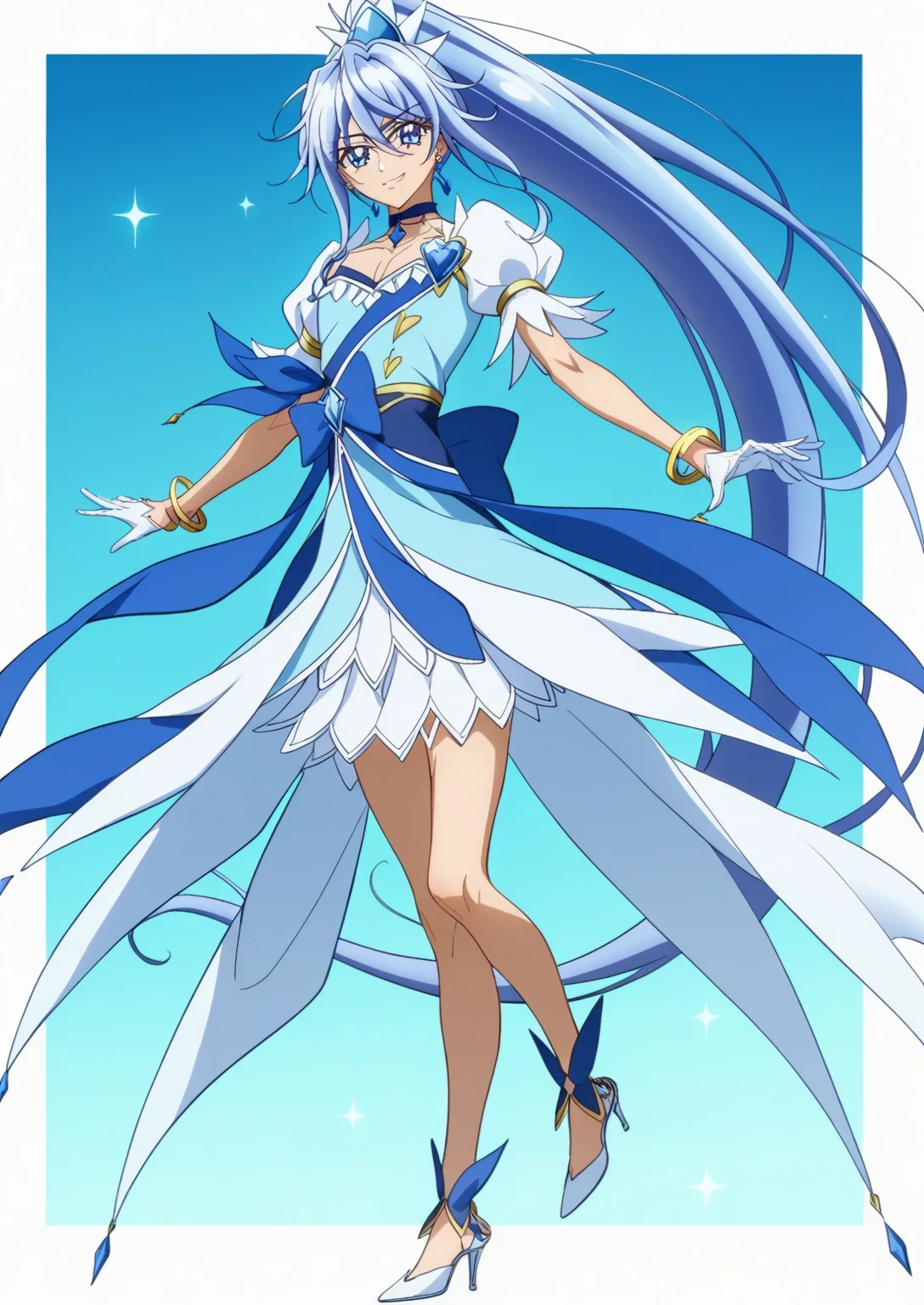score 9 、score 8 up、score 7 up、source anime、masterpiece、Highest quality、High Resolution、anime coloring、1boy 、cure diamond、(male:1.6)、Close up of a blue-haired boy cartoon character、high long ponytail hair、dia shape hair ornament、Alone、portrait of Magic Boy、 Boy in a White and Blue Dress 、isolated、Long Legged 、Heavenly Aura、Ice Aura、White and blue mini skirt、white puffy sleeves、white gloves、yellow bracelet 、blue waist bow、Bare legs、bare thighs、 white high heels、 Symphogear Flavor 、 Long Dark Blue Haired Boy 、 Prince of Sapphire 、Official Character Art、style of Magic Boy、masculinization、Magic Boy、 Anime Boy 、official art、High Resolution、perfect costume、sparkling Magic Boy、(manly:1.6)、 With Shining Blue Eyes 、perfect body、perfect hands、perfect arms、perfect legs、 male focus、looking at viewer、Alone focus、cowboy shot、(male body:1.6)、beefcake style、blue background、