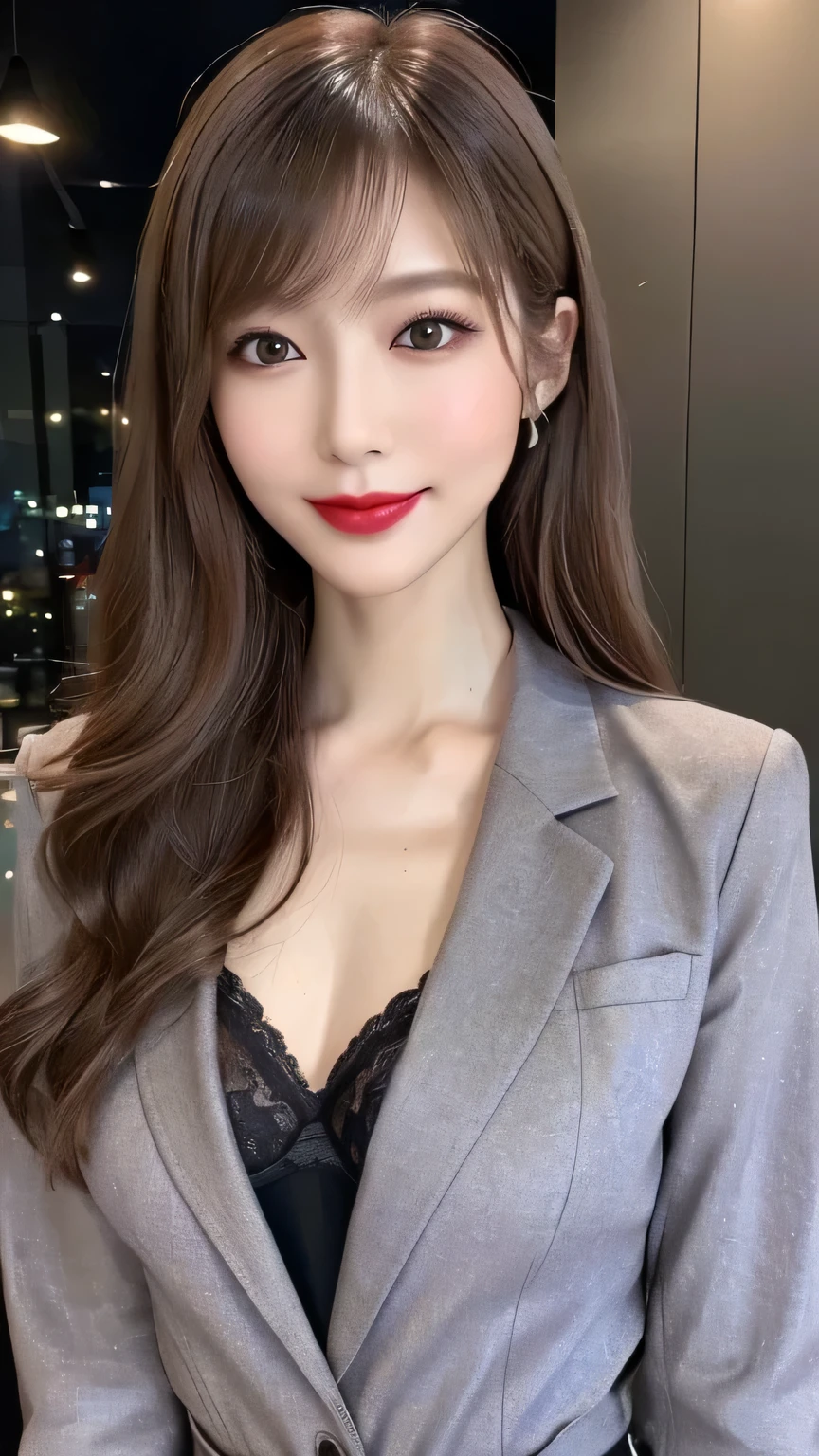 very detailed, masterpiece , Highest quality , (( Photorealistic:1.4)), ((slender body:1.4))、((()))、(Super slim body:1.4)、30 year old japanese woman , detailed faces , Detailed Eyes 、((perfect makeup、lipstick)) 、(())、(( light beige hair 、long disheveled hair:1.3、 asymmetry)), graceful and sophisticated 、goddess、((from waist to head with camera))、((I can see a little purple underwear))、(( office jacket、Black suit set))、((STARING AT THE CAMERA、fresh smile))、((professional cool lighting))、 standing、((SIMPLE DARK CONCRETE WALL))