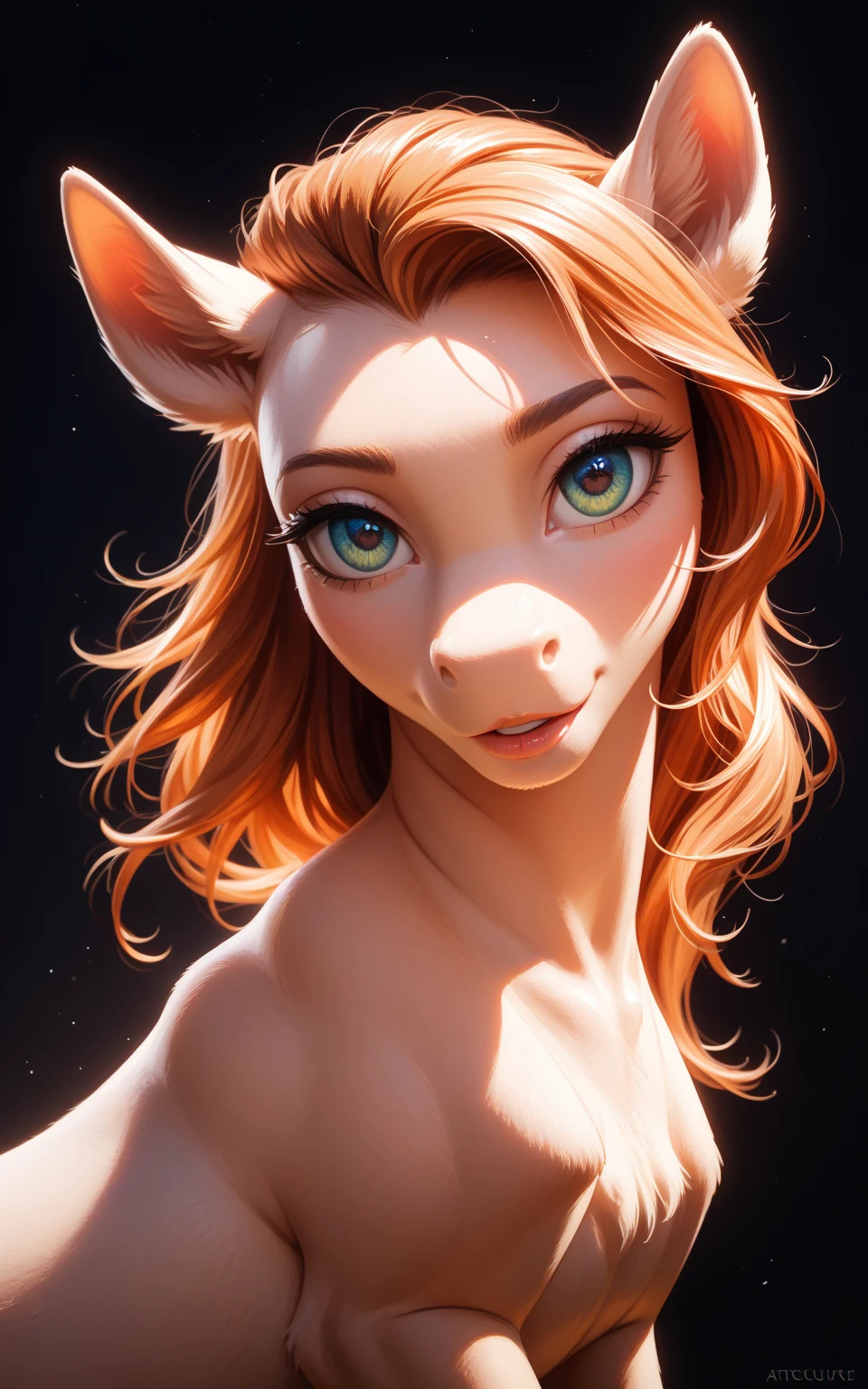 masterpiece, Best quality, antro, Furry, deer, Doe, Long eyelashes, plump, big breasts, big butt, Red hair, square hairstyle, Cinematic lighting, Scattered light, A high resolution, high detail, ultra realistic, nice smile, smiling, holding a stylus in his teeth, stylus in mouth, close quarters, shoulder-length view