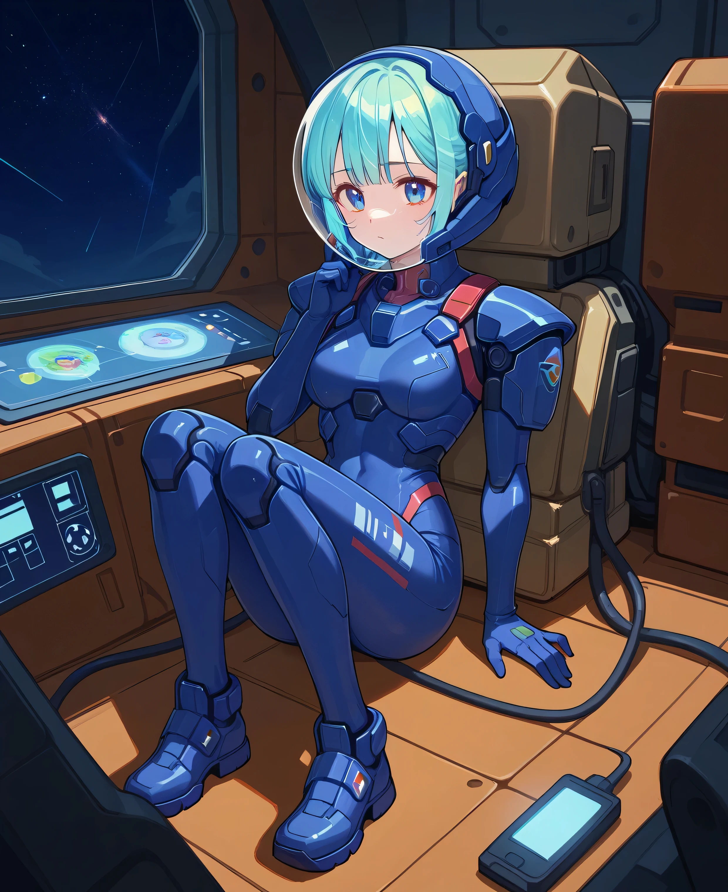 ((Holographic Glow Effect))、 Gundam Wing Cockpit, Lantern、masterpiece、Highest quality、1 person、medium bust、((Album Cover))、Light on Face、slender body、white and blue pilot suit with enamel finish、 elbow length gloves 、long hard boots 、exoskeleton、Metal Gear、cyberpunk style、Gundam Pilot、attention arousal、 bubble helmet 、 space helmet, muvluv, space helm, eva helm,Transparent face guard,Complex and precise instruments,full body