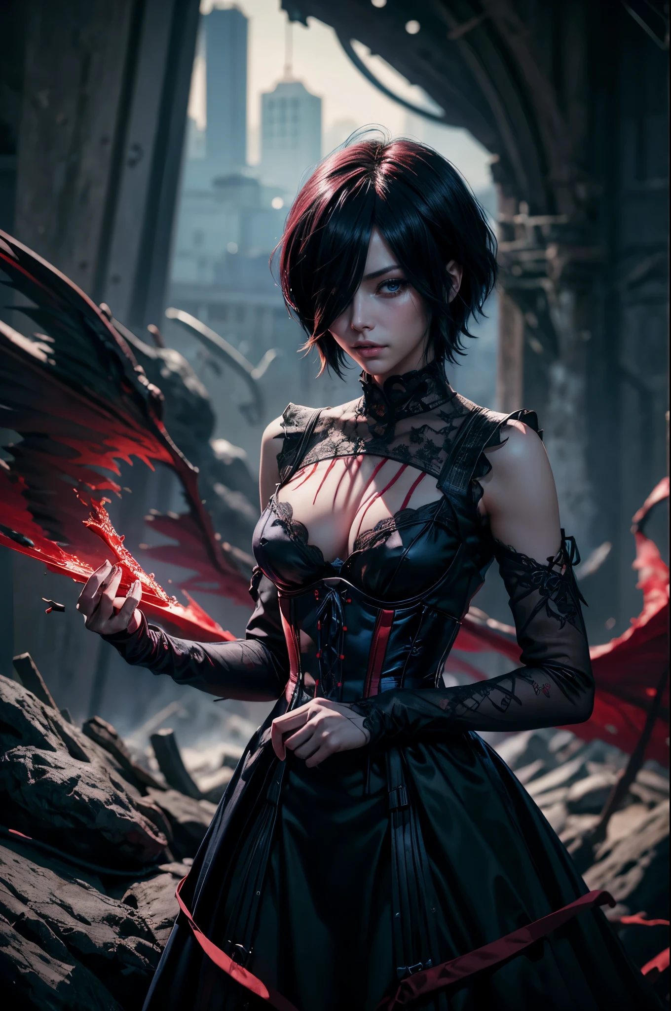 Kirishima Touka , Tokyo ghoul > "Hyper-realistic gothic girl, short black hair covering one eye, deep blue eye, perfect skin , wearing a detailed red and black corset dress with lace and ribbon details, dark fantasy atmosphere, cinematic lighting, ultra HD, intricate details, volumetric lighting, 4K render.", Kirishima Touka from Tokyo hairstyle