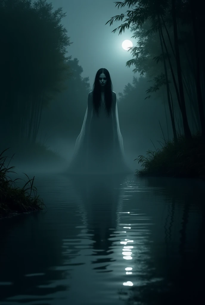 Arafed woman in a white dress sitting in a body of water., The crybaby, a frame of an ethereal, Creepy Spiritual Creepy Image, floating ghost, portrait of sadako from the ring, Gothic ghost maiden, young pale ghost, beautiful with spooky vibes, haunting beautiful young woman, queen of ghosts, Río Styx, ghostly ghost