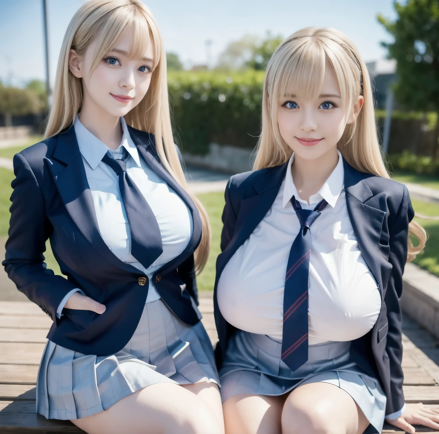 (Masterpiece), (Best Quality), (4k), (realistic:1.5), photorealistic, octane render, hyper detailed, intricate, perfect face, illustration, (2girls:1.4), (two girls sitting on bench:1.2), (full body:1.1), skirt lift, (gigantic breasts:1.4), (school uniform, pleated skirt, plaid skirt:1.3), (white panties:1.1), white skinned, two side up, blonde hair, blue eyes, hair ribbon, hairband, white thighhighs, thick eyelashes, long eyelashes, grin, looking at viewer, bench, facing viewer, outdoors, daytime,