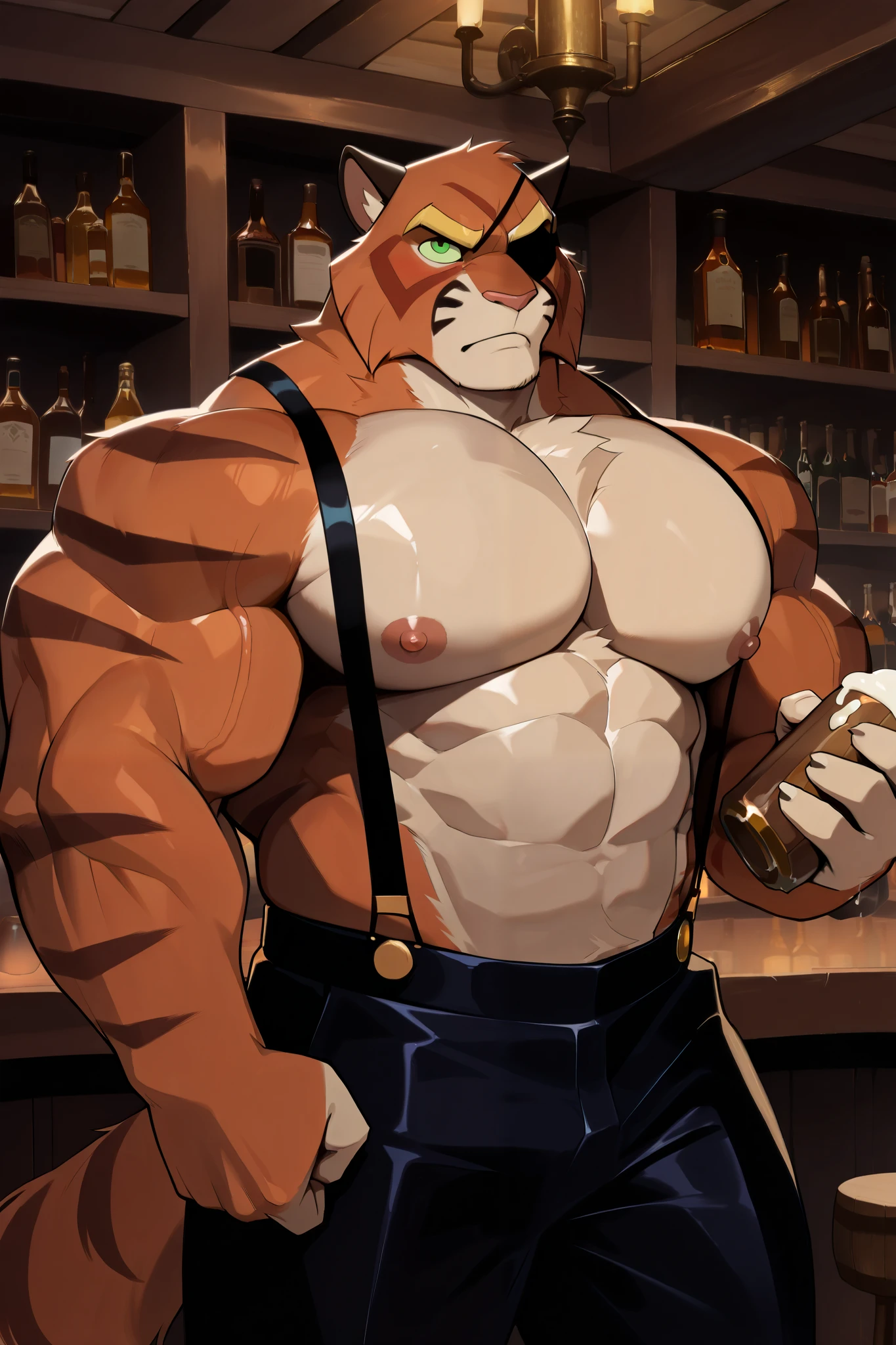 solo, hyper muscular furry (viktor vasco, Viktor[lackadaisy], Viktor Vasko[lackadaisy], black eyepatch on right eye, orange fur, orange body, yellow pattern, cream pattern, 1920s styled clothing, stripes, green eyes, large eyebrows, eyebrows, yellow eyebrows.), pants, suspender, bartender, alcohol, tavern, steampunk, nipples,  angry, detailed, shirtless, masterpiece, semirealistic:1.2, high detailed, 8k, high resolution