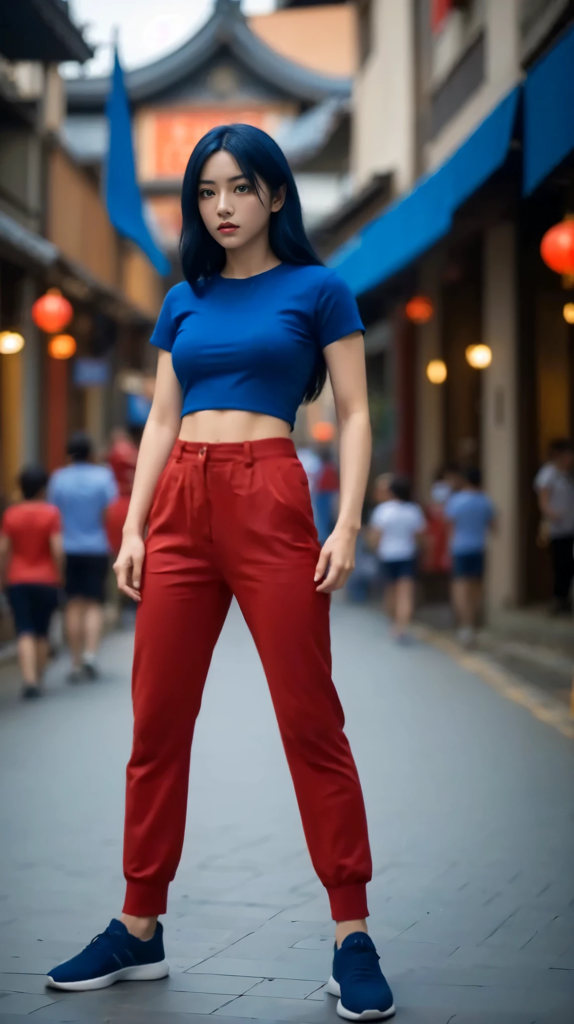 close-up of a girl, detailed image, action figure, accurate details, full body 1/6 nihei tsutomu, girl knights of zodiac, highly detailed body, (((black shirt, blue trousers, black shoes))), blue hair, long hair, realistic.