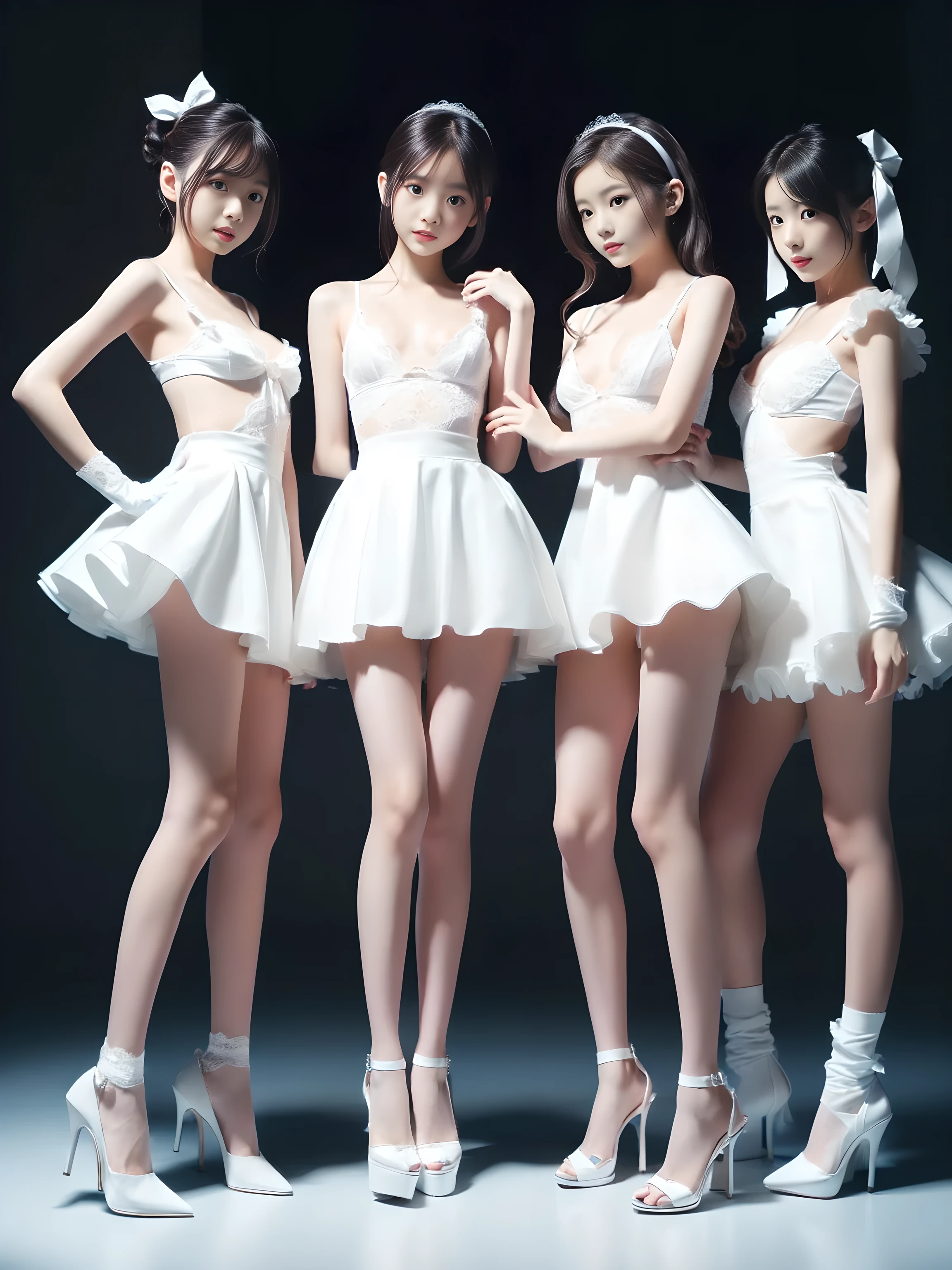 (((Full body portrait:1.5))),(A three-person idol group dressed in pure white outfits),(very cute petite Japanese girls with a slender body and a baby face),(Short stature and skinny body),(short limbs),(extremely cute girls),(very short pure white lace miniskirt),(small breasts:1.5),(white underwear),(thin thighs),(hands behind back),(Frightened face),(open mouth vertically),(drunk),(Voyeur from the side),(facing forward),white hair ribbon,white lace gloves,white stiletto heels,own home,Ultra high definition,Highest quality,high resolution,Extremely detailed depiction,super detailed skin