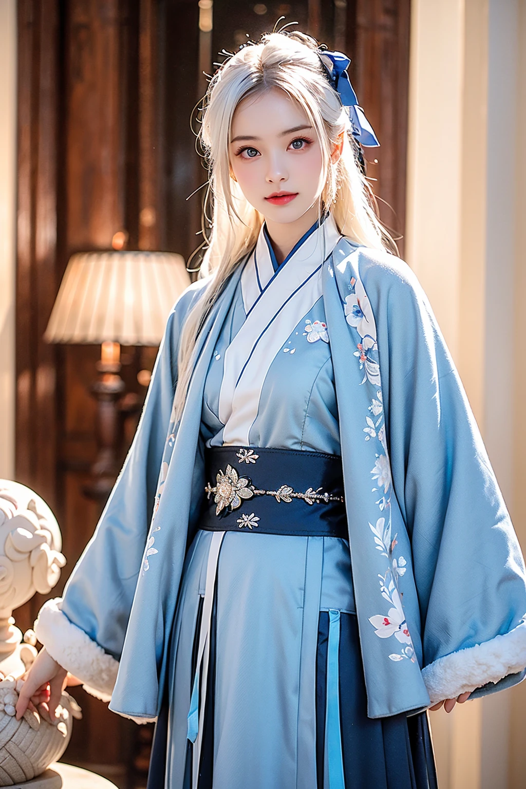 Japan girl is very cute。I have blue eyes、Wearing flashy national costumes、Silver-haired braid、Wearing a lot of ornaments、Royal Girl、