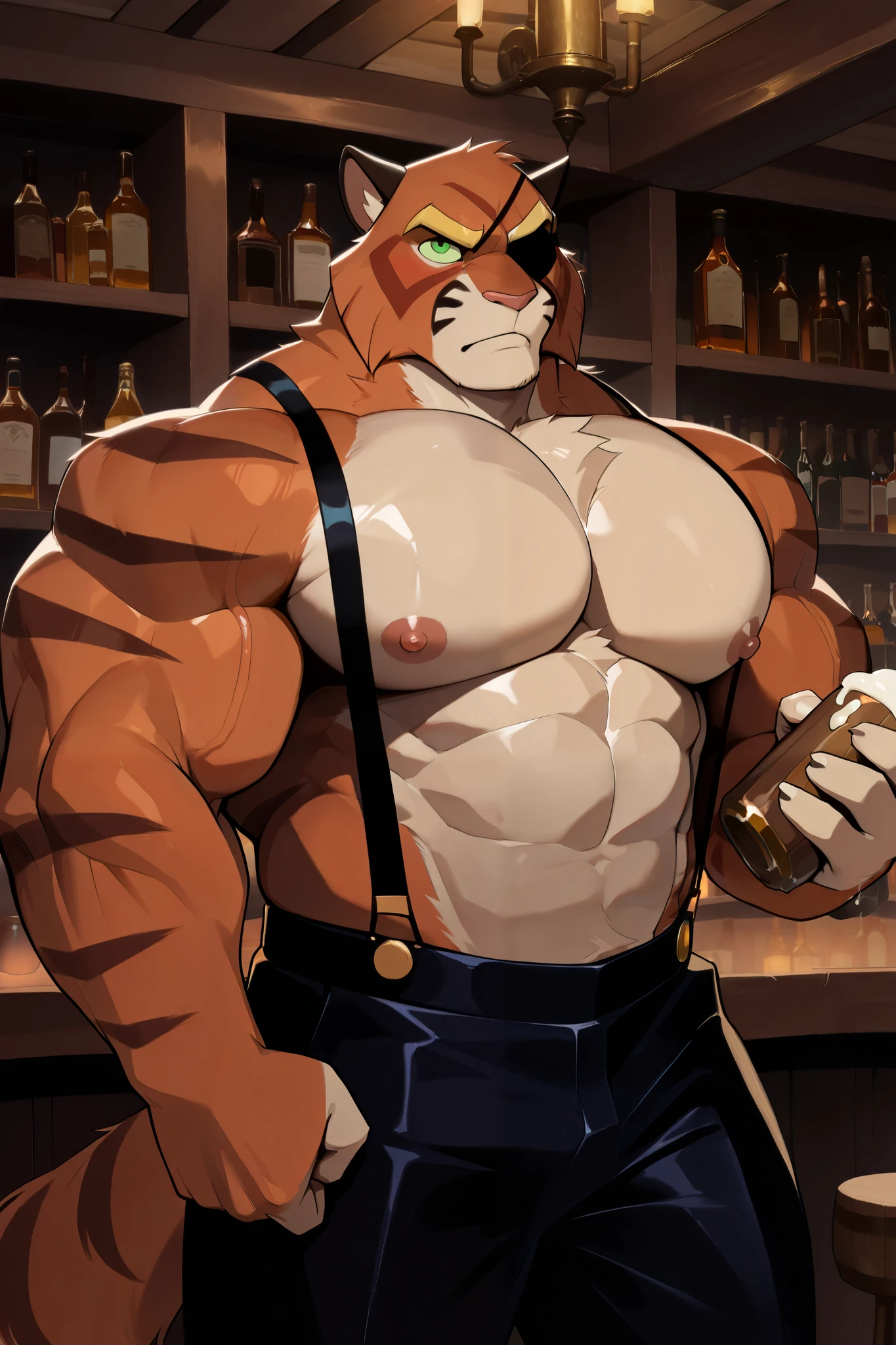 solo, hyper muscular furry (viktor vasco, Viktor[lackadaisy], Viktor Vasko[lackadaisy], black eyepatch on right eye, orange fur, orange body, yellow pattern, cream pattern, 1920s styled clothing, stripes, green eyes, large eyebrows, eyebrows, yellow eyebrows.), pants, suspender, bartender, alcohol, tavern, steampunk, nipples,  angry, detailed, shirtless, masterpiece, semirealistic:1.2, high detailed, 8k, high resolution