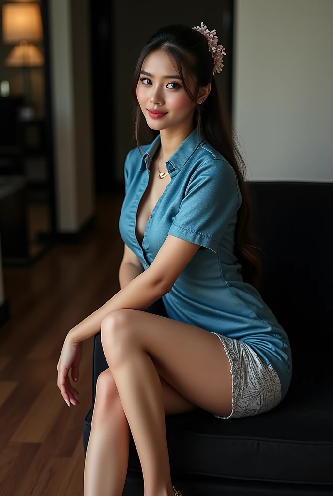 Filipina woman, Intimate, face blush, red blushy cheeks, ponytail, feeling excited, beautiful thighs, in love, wearing summer mini dress