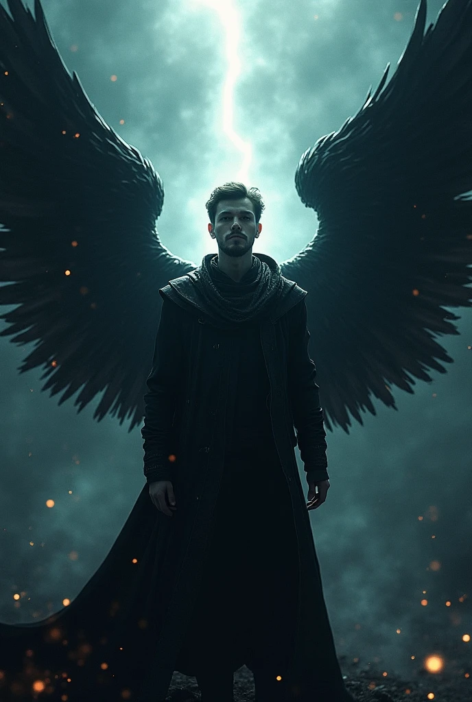 Create me an image that shows a man in the center with an intense expression, surrounded by dark angels, with a mystical and luminous background, incluant The titre: veracity and kiro_Ntatshida_feat_The_ Revenant 