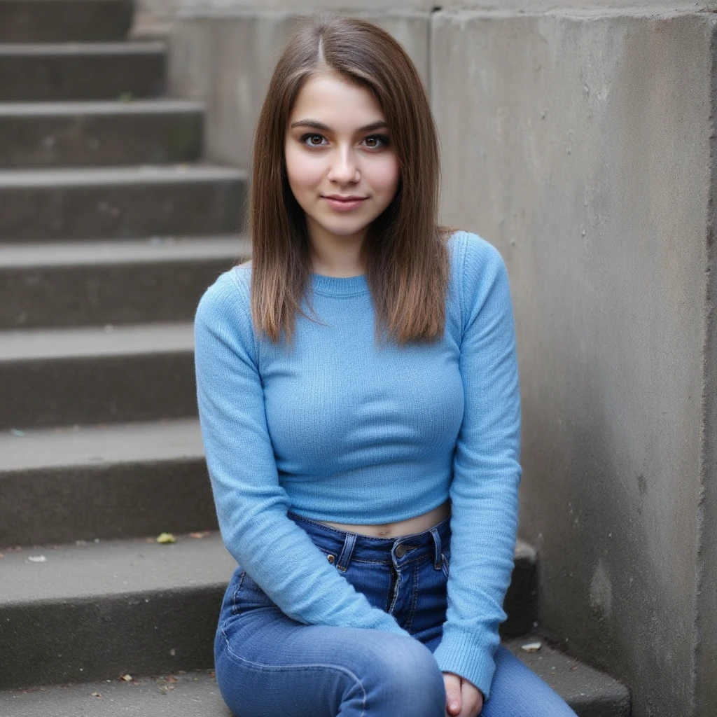 brown haired girl with blue eyes in the mall realistic
