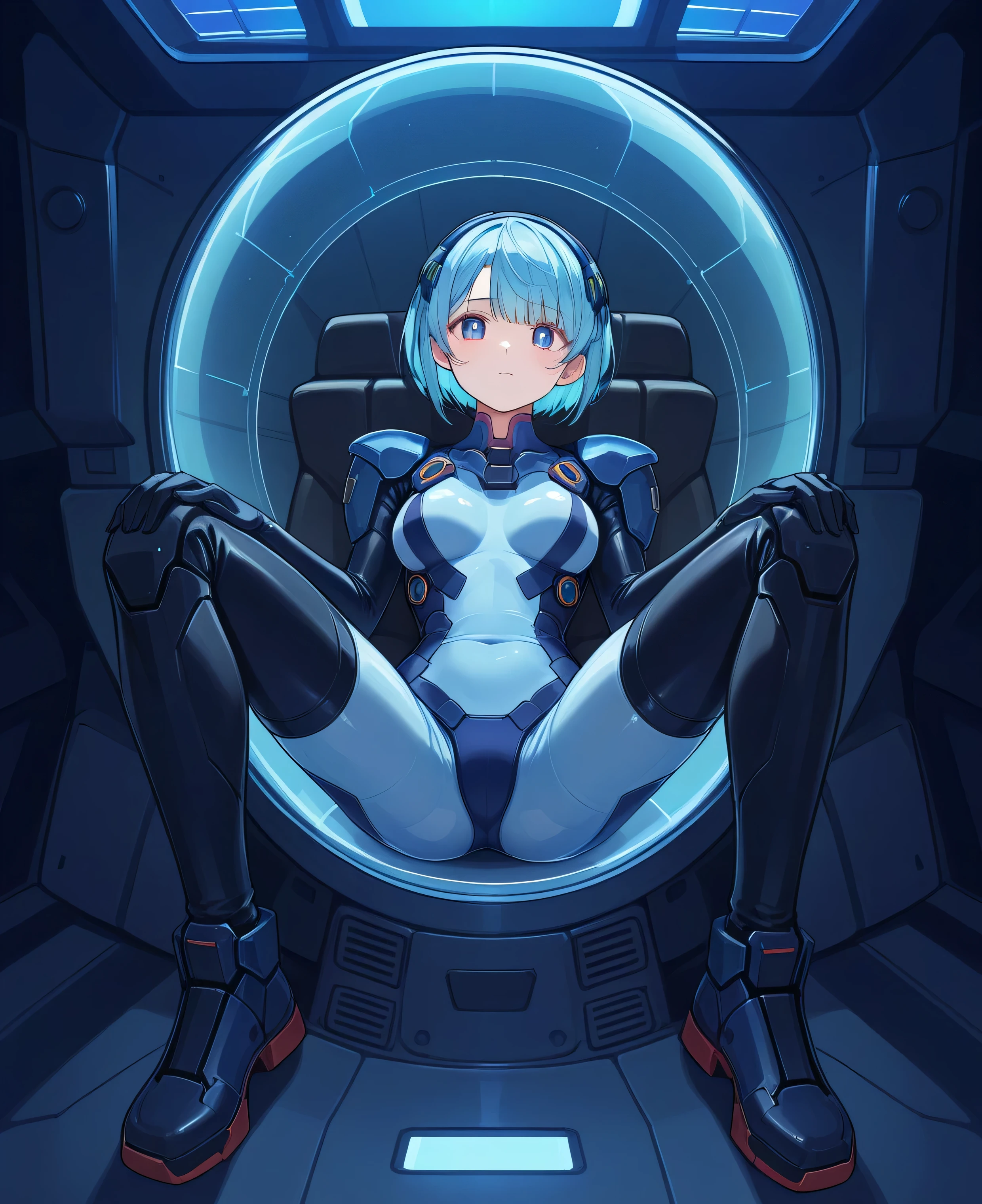 ((Holographic Glow Effect))、 Gundam Wing Cockpit, Lantern、masterpiece、Highest quality、1 person、medium bust、((Album Cover))、Light on Face、slender body、white and blue pilot suit with enamel finish、 elbow length gloves 、long hard boots 、exoskeleton、Metal Gear、cyberpunk style、Gundam Pilot、attention arousal、 bubble helmet 、 space helmet, muvluv, space helm, eva helm,Transparent face guard,Complex and precise instruments,full body