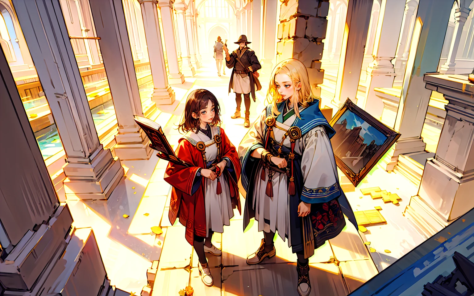 ((3 men, medieval world) :2). ((Red-haired woman with blue eyes, white shirt, blue skirt, sword in hand. Brunette man with dark blue eyes, villager outfit and holds glowing white sphere. green hair man, jumpsuit and holds bright blue sphere):1.5). ((Red eyes with fluctuating energies, in a medieval town setting):1.5) . Extremely detaild, 8k, HDR, natural light, cinematic lighting, masterpiece-anatomy-perfect, ultra HD, RAW photo, professional, ultra-fine painting, perfect body proportions, anatomically correct, uhd, real texture material, Anti-Aliasing, FKAA, TXAA, SSAO, Post Processing, Post Production, Tone Mapping, CGI, VFX, SFX, hyper maximalist, Volumetric, ultra photorealultra-detailed intricate details.
