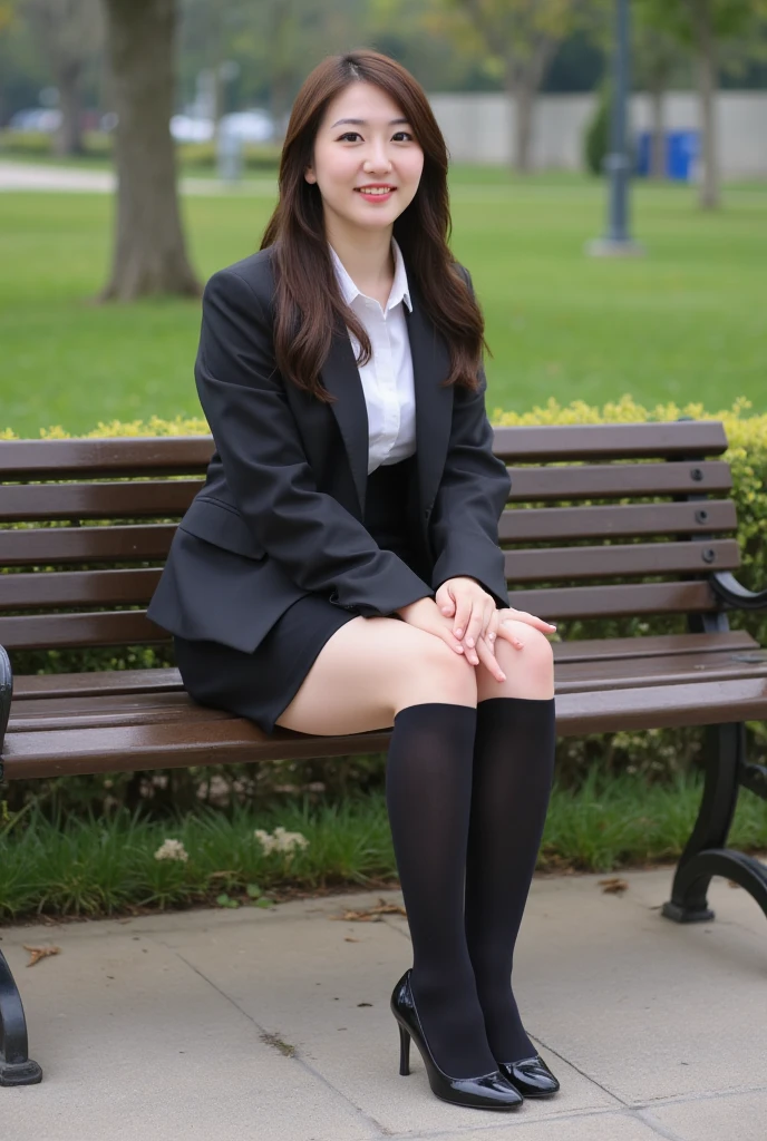 Best quality, full body portrait, delicate face, pretty face, 20 year old woman, long black hair, slim figure, large bust, OL uniform, office clothes, white hairband black pantyhose, ((black school shoes)), outdoor scene, squat, white panties, smile, cute, kawaii,