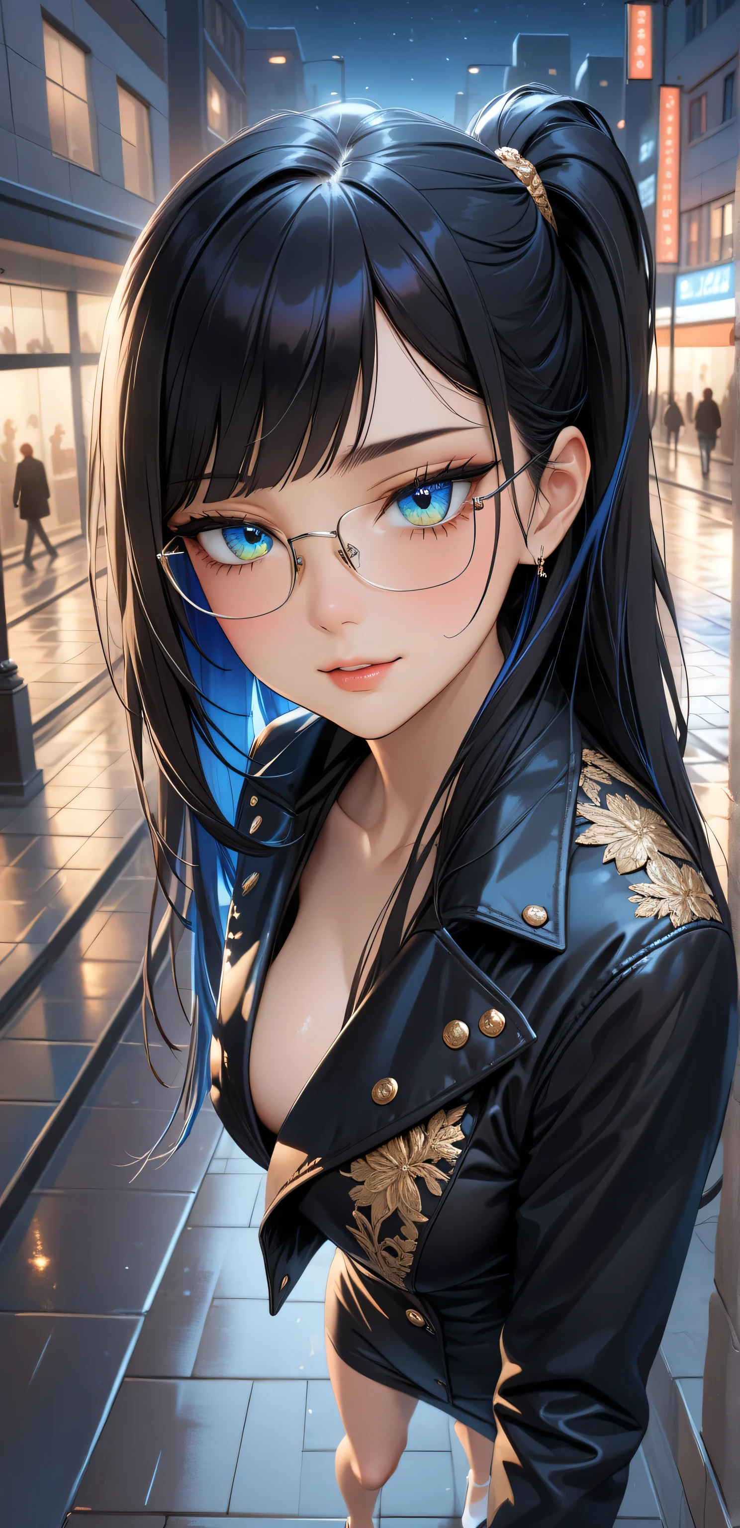 Close up, upper body, Random Sexy pose , ((Ultra detailing)), ((very aesthetic, best quality, ultra detailed)), intricate details, 1girl, ((long hair, Black hair, Side ponytail, blue inner hair)), ((Multi colour eyes)), ((Detailed eyes)), ((Beautifull eyes)), ((prefect eyes)), ((Ultra detailing eyes)) ,Medium breast, sharp jawline, seductive smile,(winter coat, white heels, Glasses), (morden City, night), (walking), high angle view