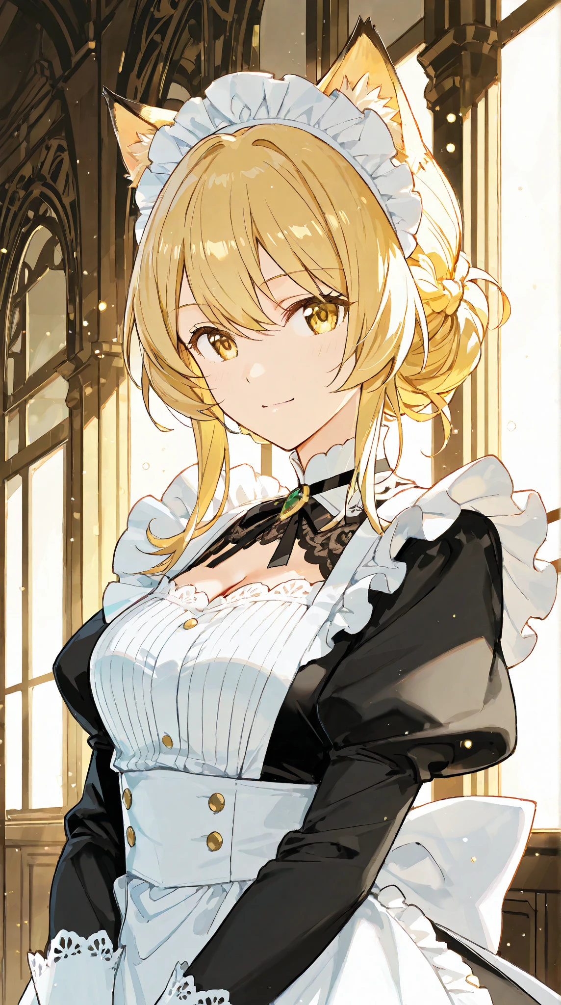 ((最high quality, 8K, masterpiece)), High resolution、(high quality: 1.5)、Very detailed、Detailed face、Bright colors、Natural light、Fine grain、Colorful eyes、Beautiful Face、非常にDetailed faceのテクスチャの女性,masterpiece, 最high quality, Detailed and beautiful eyes,最high quality、Best image quality、masterpiece、Mr.々Hairstyle,girl,(Yellow Hair),Just beautiful、Elf,Intelligent,smile,masterpiece、最high quality,mature female,so beautiful、High resolution,(Rich:1.3),(noble:1.3),1 person,(Maid:1.3),clear,make,(nobleの館:1.3),(smile)、smile,(masterpiece:1.2)、(最high quality:1.2)、Latest Glossy Skin