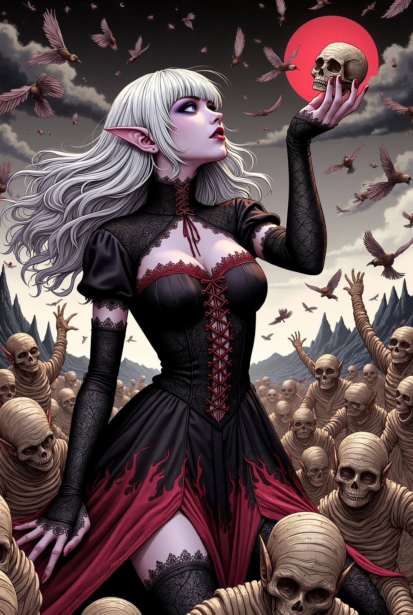 (Ultra-detailed face, Looking away, Gothic Illustration, Dark tone colors. She has five fingers on her hands and five toes on her feet.), BREAK ((Numerous fluff and bird feathers explode:1.4), scatter, and drift across the screen around the woman's fingertips. The scene depicts a woman looking straight up into the sky from the ground at her feet. The night sky is gray and black with a red moon rising. It is covered in red dust and black gas. Countless mummy monsters surround and attack the wizard.), BREAK (A female dark elf, a wild mage, turns her back and in a loud voice ("Fireball!" in rough typeface on the screen ), clutching a crystal skull over her back and swinging it at the attacking mummy horde. Legs spread wide back and forth, bodies twist and stomp.), BREAK (The dark elf woman has white hair, white eyebrows, blunt bangs, very long wavy hair, small pink lips, lavender eyes, clear white skin, and thick eyeliner.), (She wears a tight lace-up dress with a black choker with flame designs and jet-black lace fabric with crimson flame trim. She wears sandals with thin black laces woven into them.)