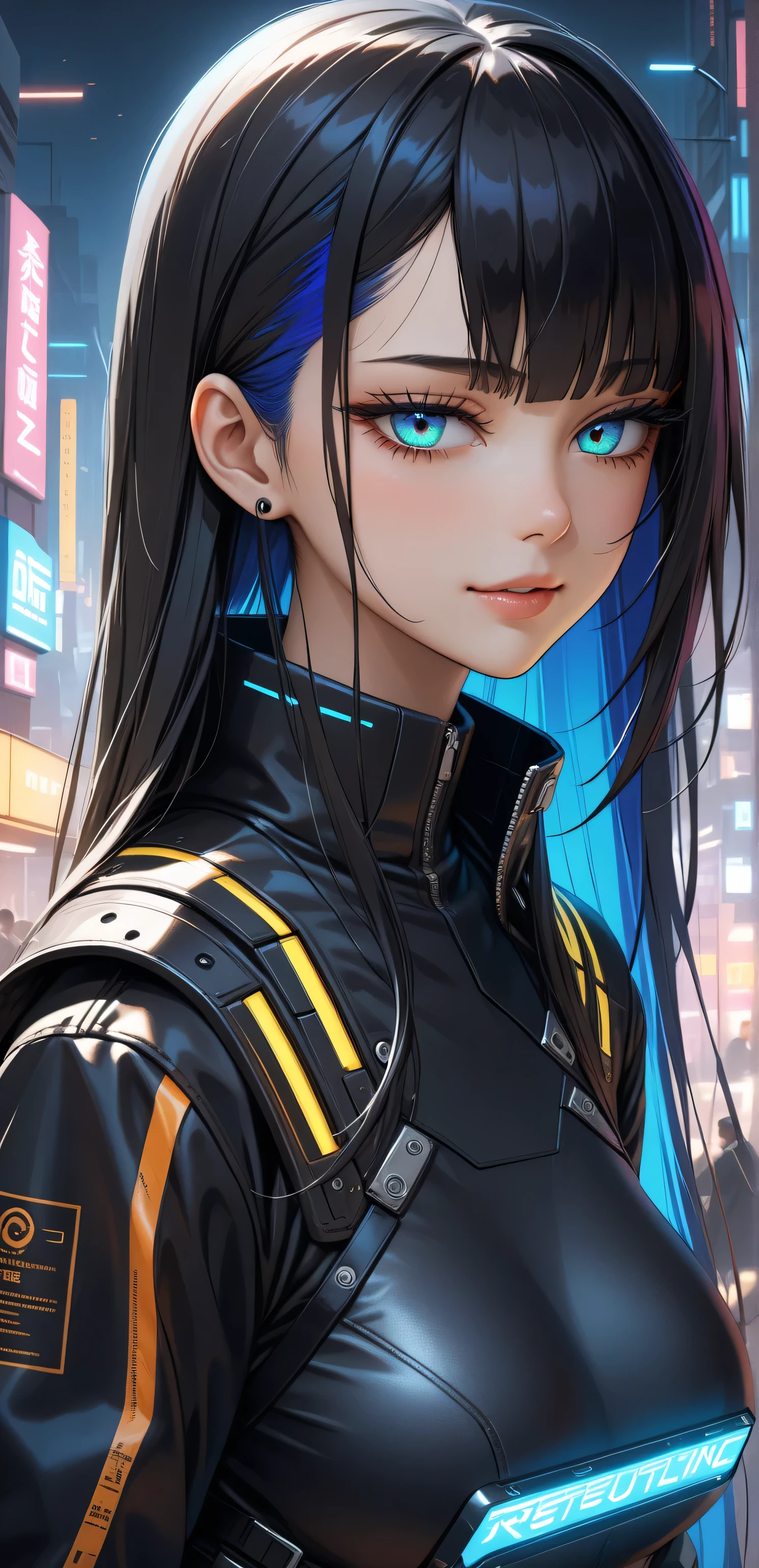Close up, upper body, Random Sexy pose , ((Ultra detailing)), ((very aesthetic, best quality, ultra detailed)), intricate details, 1girl, ((long hair, Black hair, Side ponytail, blue inner hair)), ((Multi colour eyes)), ((Detailed eyes)), ((Beautifull eyes)), ((prefect eyes)), ((Ultra detailing eyes)) ,Medium breast, sharp jawline, seductive smile,(cyberpunk outfit), (morden City, night, cyberpunk), (walking), high angle view