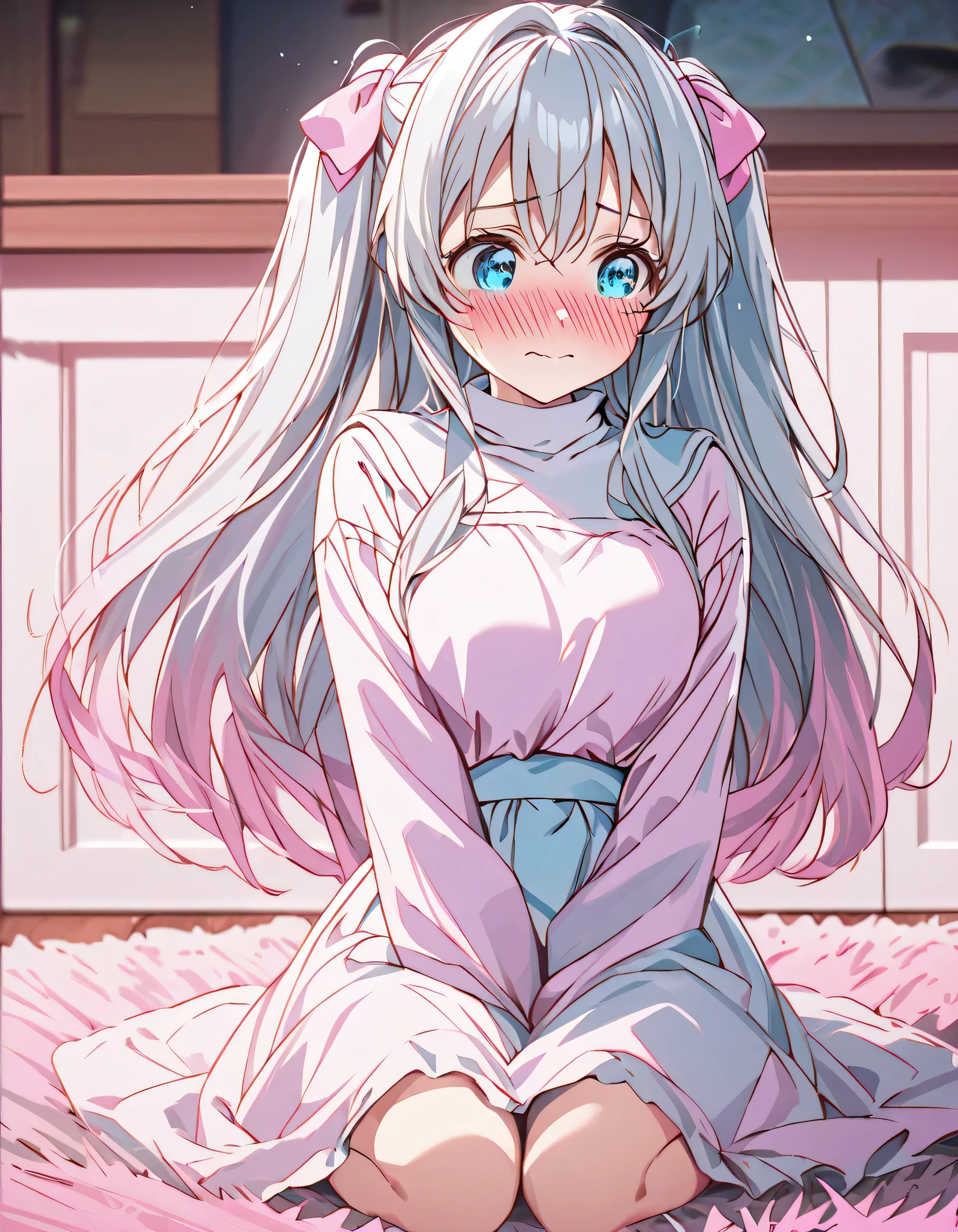 ((ultra-detailed)), (highly detailed CG illustration), (best quality:1.2), ultra-highly detailed, colorful composition, artistic photoshoot, 1girl, solo focus, ((Bust-up shot)), moe anime character, girl, dainty facial structure, (bab(round face), ((rounded chin:1.2)), ((ideal ratio body proportions)), celia-default, celia claire, (blue eyes), rolling eyes, silver hair color, two side up, hair ribbon with pink, ((wavy mouth)), ((head steam:1.4)), ((shy)), ((fuii face blush)), ((bashful)), ((confused)), ((looking away)), sitting on shaggy rug, ((Big square shaggy rug)), wariza, V arms, pale white turtleneck sweater, light blue high-waist long skirt, ample breasts, ((b3droom)), ((cute)), ((pink theme)), ((night)), low table, there is a coffee cup on the table, best quality, masterpiece, from front, from below, pov, expecting, pink cheek, blush, light pink gloss slip, portrait, depth of field, soft lighting, sidelighting, (shine), lighting, caustics, ray tracing, perfect face, lustrous skin, highly detailed face, perfect face, perfect nose, perfect hair, perfect anatomy, beautiful hair, beautiful small face, extremely detailed face, beautiful clavicle, beautiful body, beautiful huge breasts, leavage, breasts squeezed together, equalize the size of the left and right breasts, beautiful thin thighs, beautiful legs, beautiful fingers, 4 fingers, 1 thumb, lovely, (very detailed background:1.0), (highly detailed background:1.0), night aesthetic, intricate details, bashful atmosphere, the interior with lights on colors palette, chromatic aberration