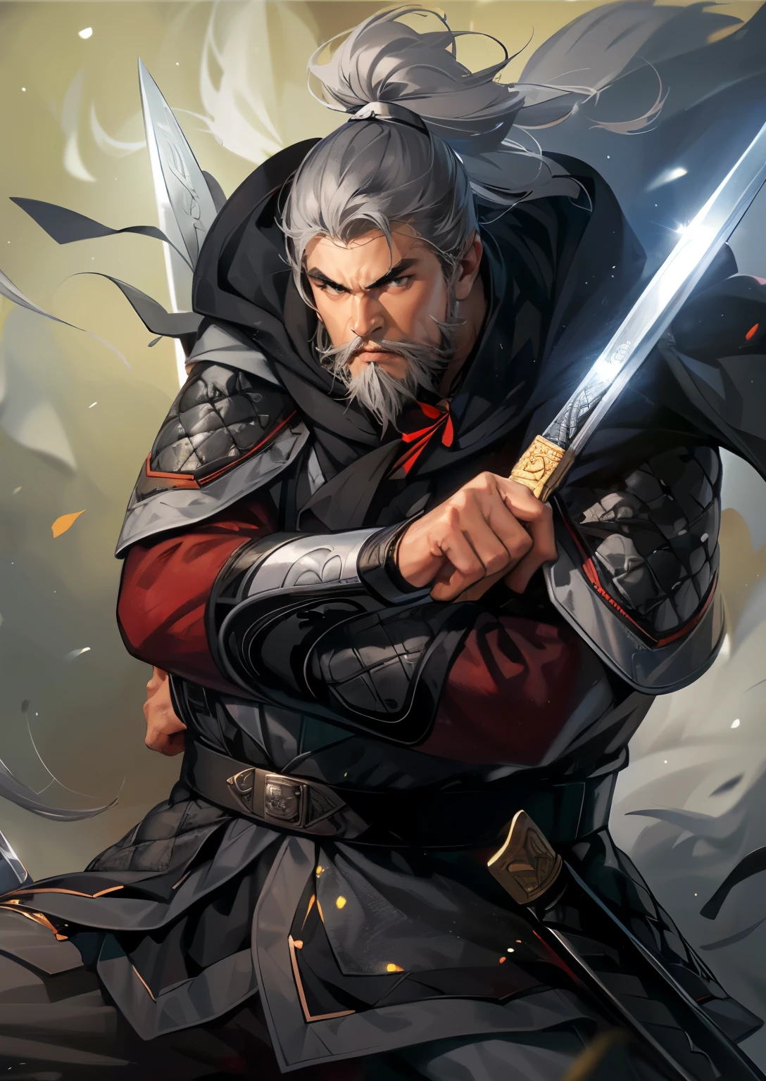 (((Maintain color ))), ((( picture style maintenance ))), ((Maintain the composition)), Attractive Man , perfect face, ((black eyes)), ((Gray hair)), ((rich beard)), Man wielding a sword, warrior, (((old man))), white hair
