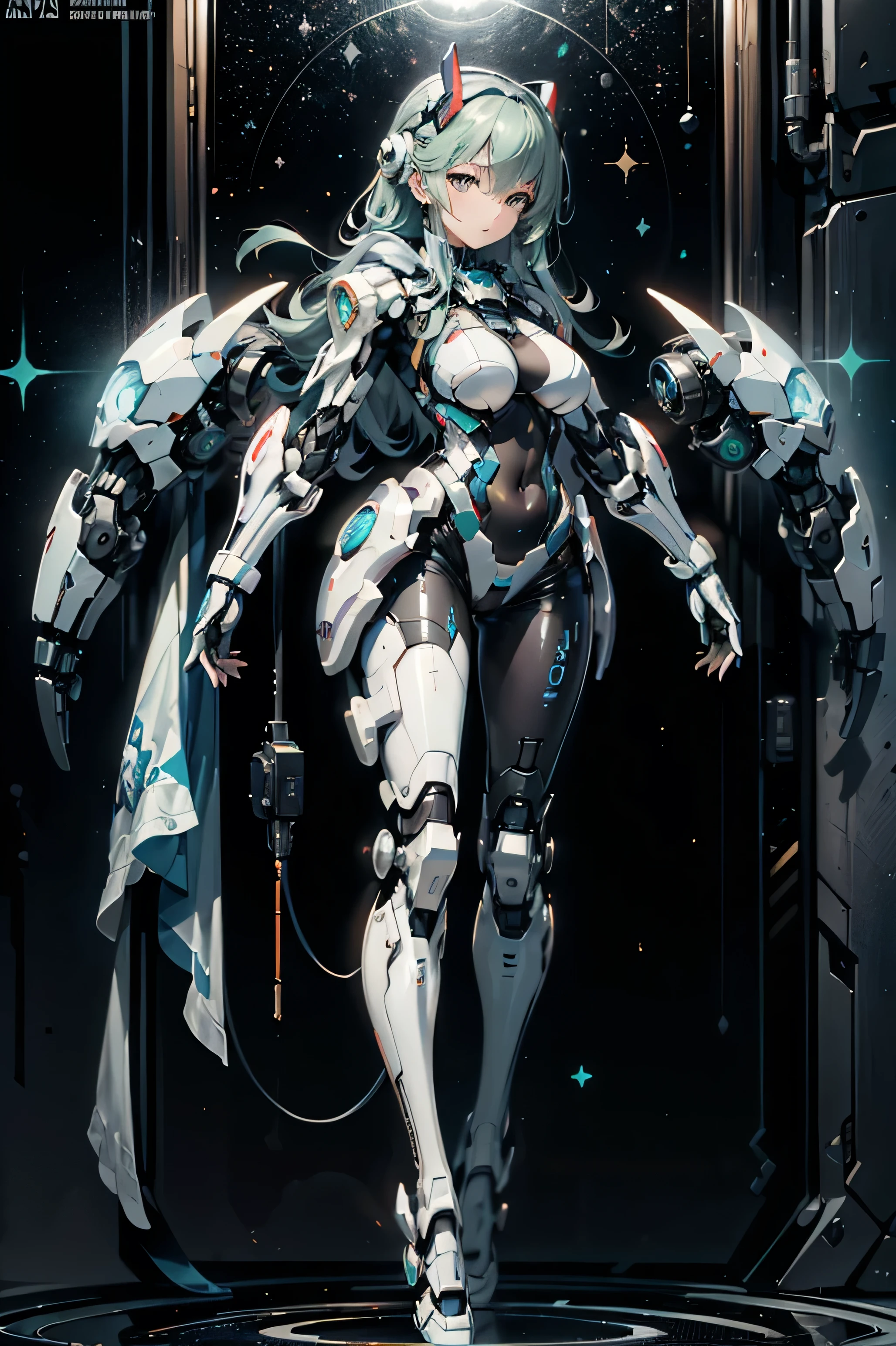 (Dark environment: 2.0) closed room, a young woman's armor with intoxicating curves, enchanting charm, and plump chest, with a high degree of anthropomorphism, the armored body is composed of a human body wearing a white tight one-piece leather suit, the armor color is white, the surface of the body is decorated with random symmetrical blue gemstones, the skin of the character's face is mechanized into white mechanical skin, the whole body of the mecha is parasitized by red octopus tentacles, the octopus tentacles and the host body are perfectly integrated, and the armored whole body has obvious octopus tentacle characteristics, The white tight-fitting one-piece leather cloak on the surface of the armored body is replaced by a light red corset formed by parasitic tentacles, the breasts are the color of normal human skin, the lower abdomen is exposed, and the lower abdomen is the color of normal human skin, only one armor is rendered, and there is no other armor in the picture,