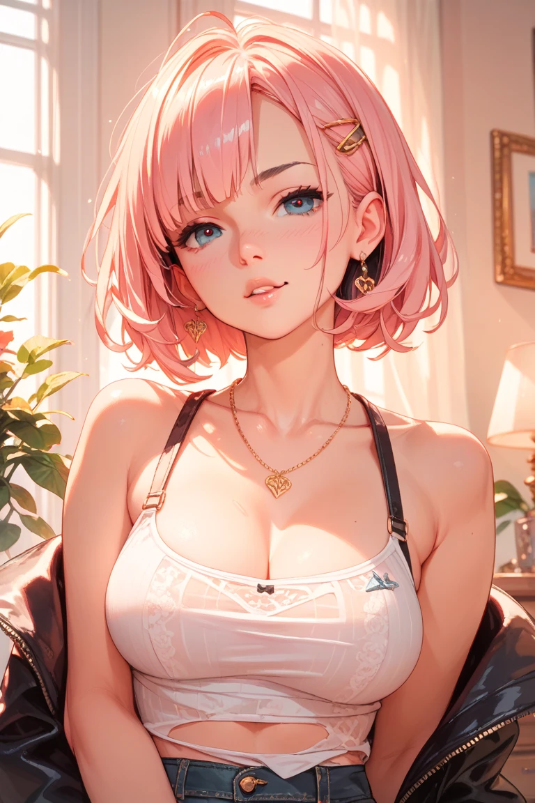 (Masterpiece, BestQuality:1.3), (ultra detailed:1.2), (hyperrealistic:1.3), (RAW photo:1.2), High detail RAW color photo, professional photograph, (Photorealistic:1.4), (realistic:1.4), (Pink Hair:1.5), professional lighting, perfect anatomy, (Big Breasts:1.2), (blush, detailed face), (cheerful Smile:1.5), Trending Hair&Trending Hairカラーをランダムに, earrings, necklace, bracelet, sexly, erotic sexly, Random sexy gravure poses, (White camisole and checked mini skirt、The background is the classroom、Pulling her camisole down a little to show her shoulders、Smiling pose in front of the blackboard。:1.3)