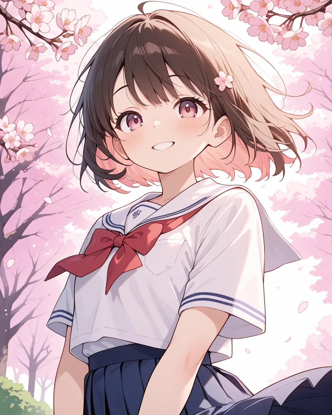 A beautiful japanese girl,with short white hair, Violet eyes, wearing a beautiful short dress, standing under the cherry blossom tree, Smiling happily,her hair and clothes waving in the wine,light pink petals scattering down from the cherry blossom tree.(Half body,front facing)
