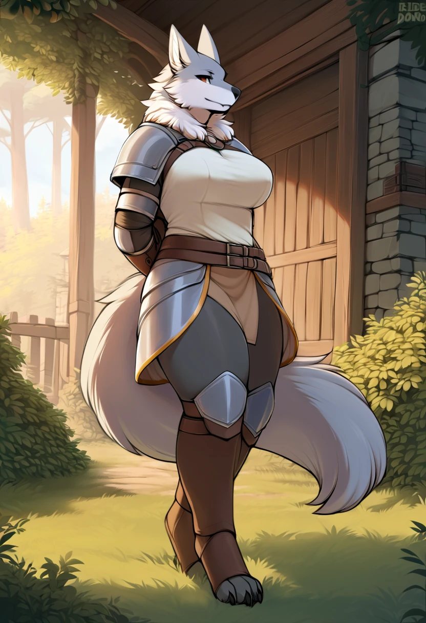 (top quality, best quality, by Iriedono, High-quality illustrations, masterpiece, perfect artwork, cinematic light and shading, 16k, 1080p, uploaded on e621)(kemono, furry, anthro, alone), 1 larger female, (very detailed body, face, tail, arms, hands, legs, head and eyes) For Honor, grey werewolf, big breasts, thick thighs, grey fur, fluffy, tail, perfect eyes, brown eyes, beautiful Peacekeeper clothes, Peacekeeper armor, village in forest, body movement, body twitching, jiggle physics,