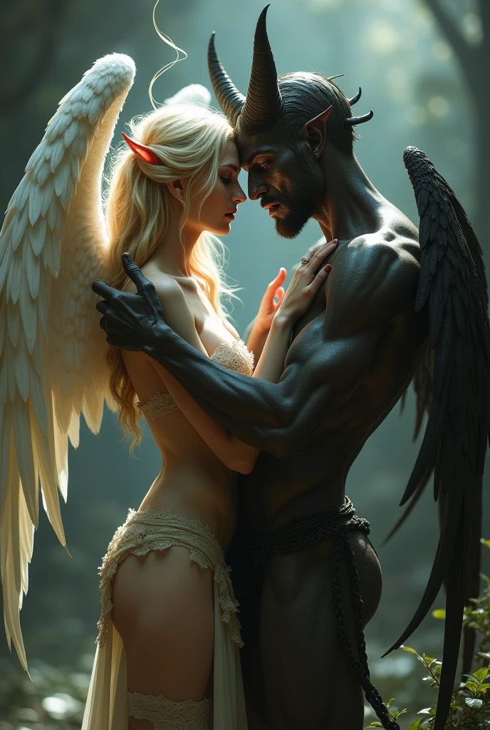 Woman turned around with thong panties. A demon hugging her on the left, and a male angel hugging her on the right. The woman is white with long straight black hair..