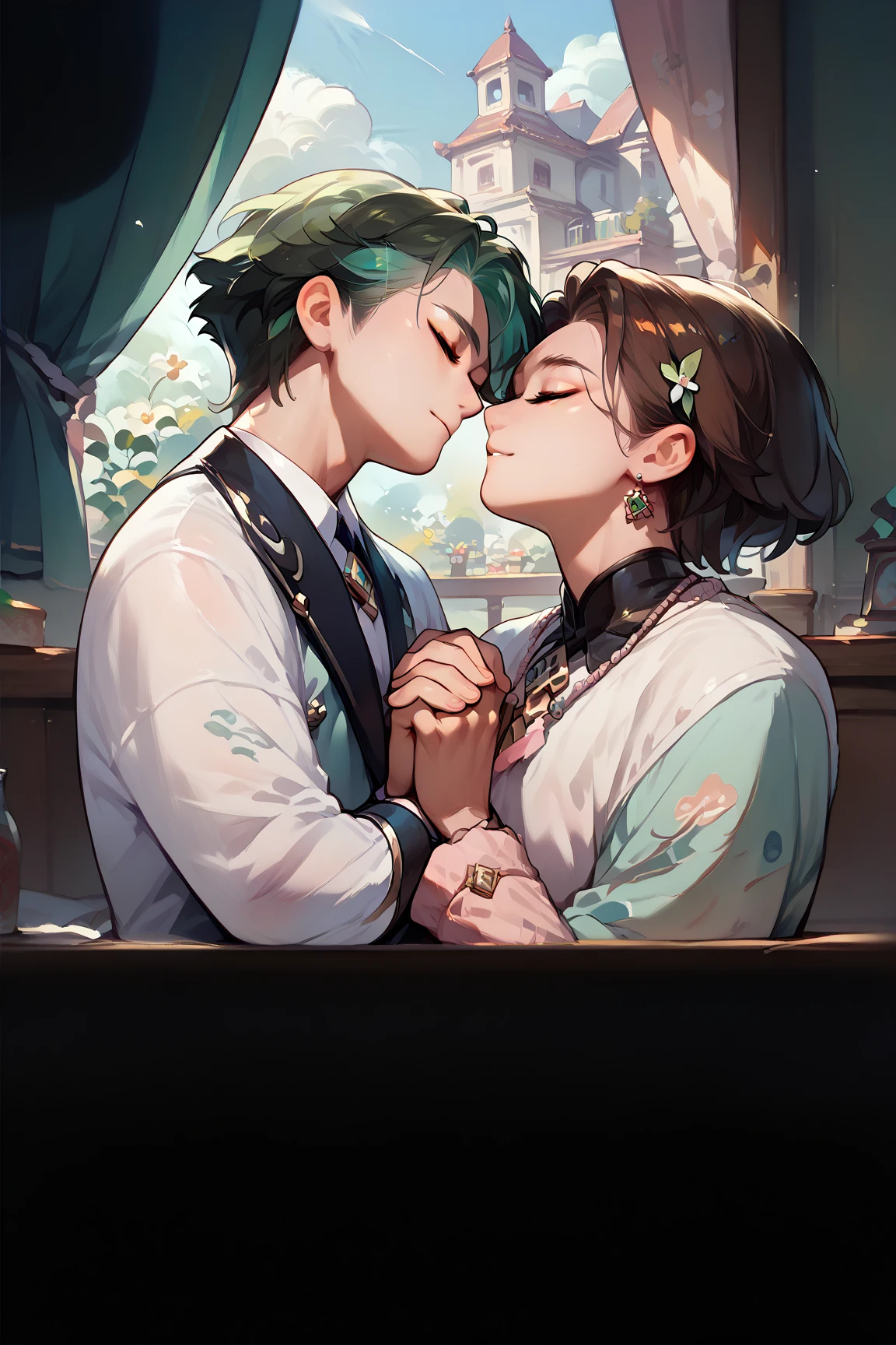 ((highest quality)), ((masterpiece)), (A woman with short hair and tights French kiss with a man), Perfect Face