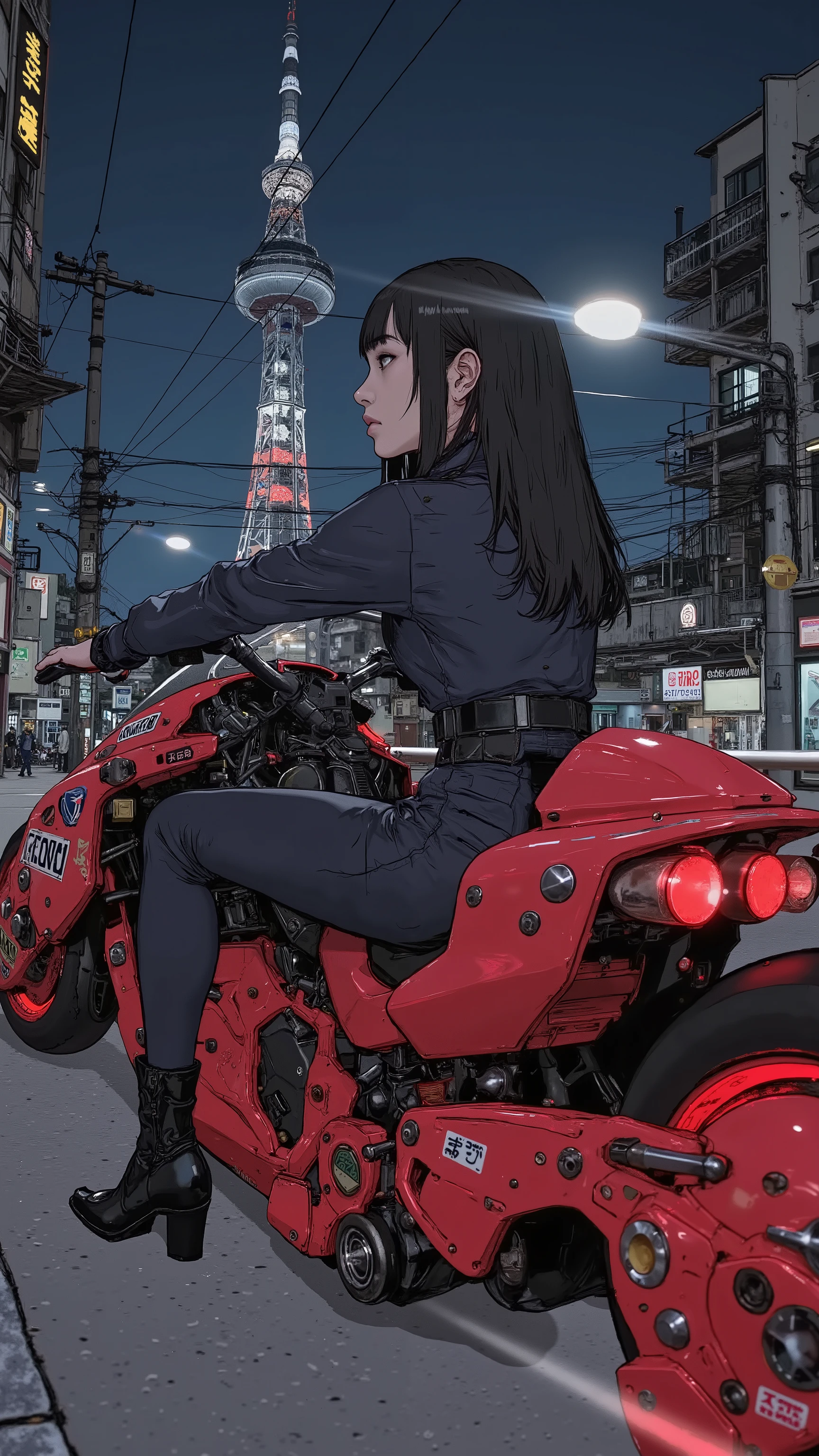movie poster、A woman riding a motorcycle in the night city is accelerating、motorbike runs through Tokyo Bay Bridge at night、 Tokyo Tower 、The red taillight line is blurry、flowing taillights、Scenery flowing 、masterpiece、High Resolution、high detail、Ultra High Precision、comic inspired by Katsuhiro Otomo, Akira Bike、