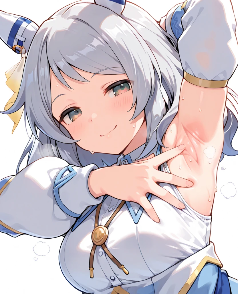 (masterpiece:1.2), hyper detail, best quality, (intricate_details:1.1), beautiful detailed, beautiful hair, solo, 1girl,ANIME COLORING,FUBUKI_BASE, WHITE BLOUSE, DETACHED SLEEVES,BLUE NECKERCHIEF,WHITE HAIR, SINGLE SIDE BRAID, AHOGE, PIERCING,fox ears, FOX TAIL,((upper body)),simple background,white background,sweating,greasy shoulder,from below,flipped hair,armpit,greasy armpit,shoulder focus,((armpit focus)),bare shoulder,upper body,((greasy armpit)),((smooth armpit)),((Detailed armpit)),((elastic armpit)),((soft armpit)),pov,((one hand flipping hair)),blush,heavy breathing,owo,wide sleeves,evil smile,open mouth,wide sleeves,looking at viewer