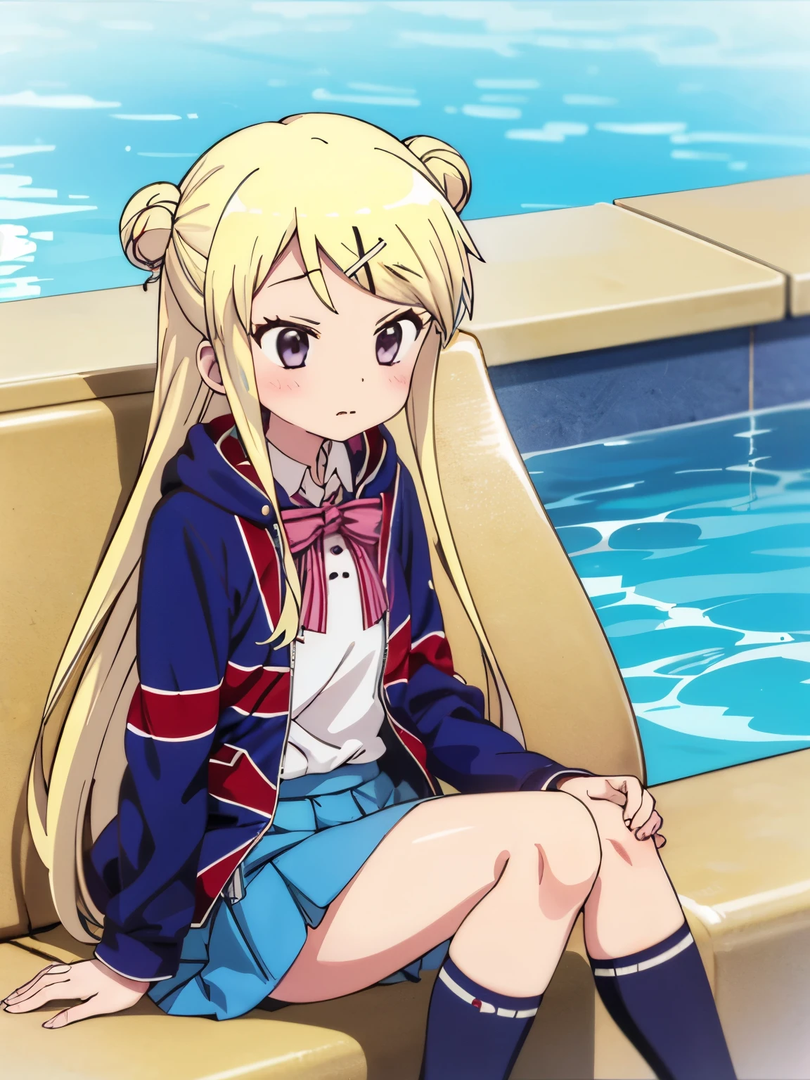 1girl with thick thighs in a miniskirt sitting poolside solo KUJO KAREN UNION JACK JACKET, STRIPED BOW, WHITE SHIRT, LONG SLEEVES, PLEATED SKIRT, BLUE SKIRT, KNEEHIGHS Loss of Appetite 、nausea、Karen's face, knees, and thick thighs