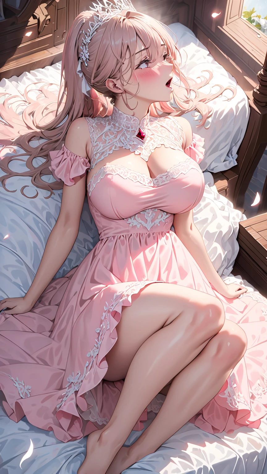 NSFW，(Very delicate，highest quality、8k），(1 man and 1 milf are having sex)，Pitch-dark room，lure，smile，blush，Pink Gold Haired Maid，Speech bubble，See-through negligee，Holding removed panties