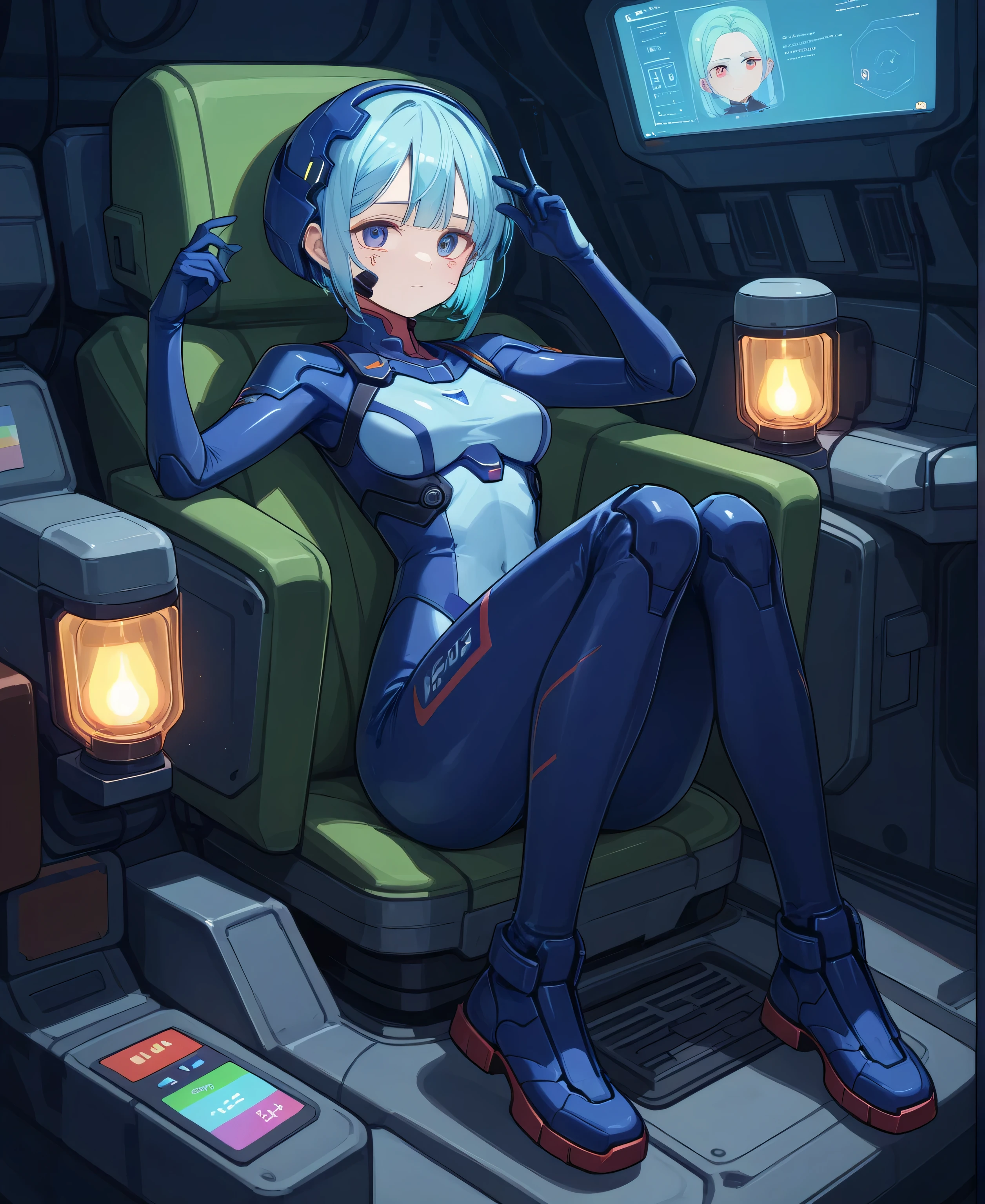 （（（​masterpiece、Top image quality、top-quality、highly detailed unity 8ｋwall-paper）））、（（Illustration of one girl））、（pilot）、（（（blue silver short hair）））、Red eyes、（（Tall））、（（（Muscle Girl、Muscular and strong body、abdominals、muscular and thick arms、muscular and thick legs、stocky build、muscular legs、broad shoulders））））、（（（白いpilotスーツ）））、（（manspreading、Sitting in the cockpit））、（（space fighter cockpit、The Universe on the Monitor、Earth seen from space））