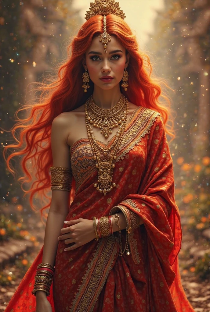 (photorealism:1.2), beautifull women existence in hindu scriptures from Vedas wearing a red saree huge detailed breast, red hairs ,ultra realistic,wearing a chain and old fashioned jwelleries -on hand ,neck and waist,  mainly focoused on face ,extra detailed,quality image, greenery background, quality image.