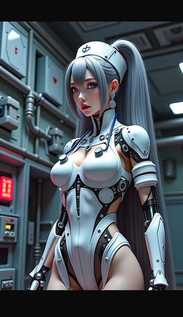 ((Back view:1.3)),looking straight to viewer, ((light aqua hair:1.4)), There is a woman in a robot suit ((posing inside futuristic Roman building)), ((long side burns)), ((long hair bangs:1.5)), ((Beautiful white girl half cyborg)), (gigantic breasts:1.7), Cute cyborg woman, Beautiful girl cyborg, (aletta ocean face), (puffy lips), Perfect Robot Girl, Cyborg girl, intricate details, Young cyborg lady, Beautiful Female Robot, ((robotic abs:1.4)), intricate holes on hips, Beautiful robot woman, cyborg girl, perfect cyborg female, ((porcelain cyborg)), Female robot, Beautiful cyborg images, (cinematic lighting)