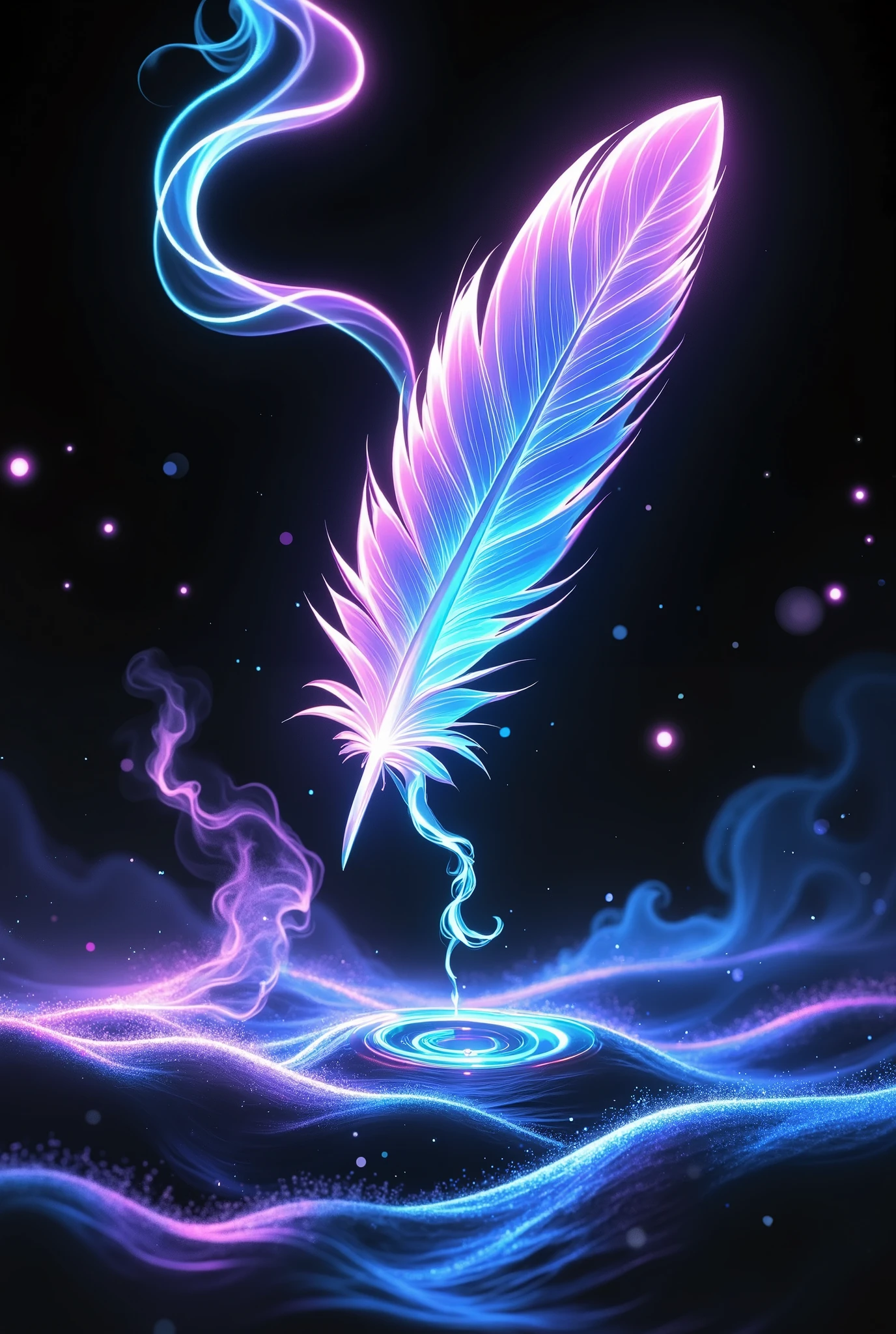 Neon Light Wings,Neon Light Wingsが舞う,Focus on a single feather that floats softly like a mysterious angel:1.6,Best Quality,4K,ultra-detailed,photo-realistic,studio lighting,Extreme Detailed Description,professional pose,vivid color,Bokeh,Neon Light Glowing Background,Neon Radiation,Fantastic Atmosphere,Produce colorful and dynamic light,digital art
