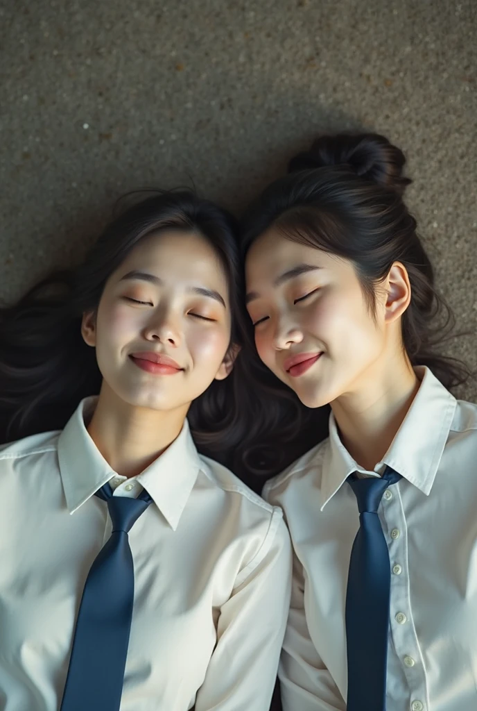 romantic couple. an Indonesian man (lying on the library floor), (laughing cheerfully), (above him there was a woman sitting laughing). in high school uniforms with white tops and gray bottoms, blank gray tie