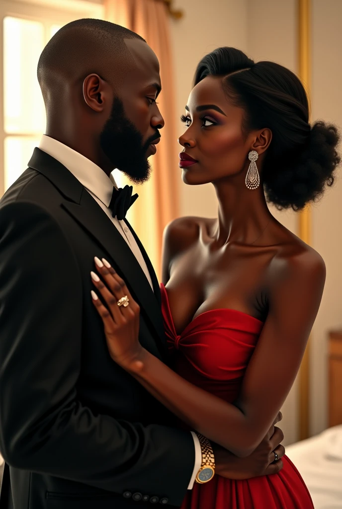 Generate an image where a dark black handsome man is laughing at a dark black  woman in curly hair in a luxurious living space 