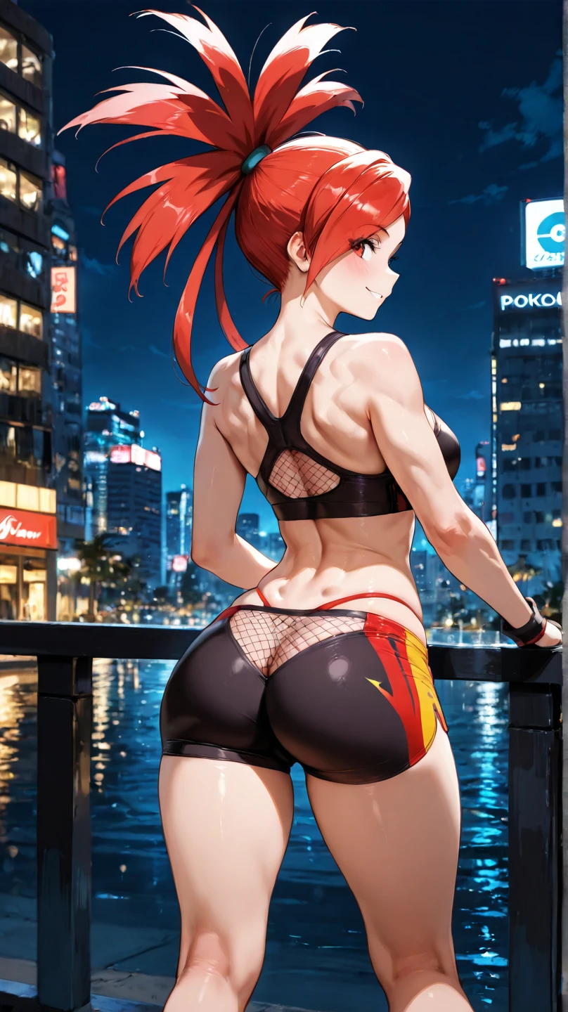 (((masterpiece))), ((high resolution)), detail, red-haired girl, hypdertailed, greeneyes, breasts big, (((thick-thighs))), choker, bunny costume, night club, focus on the ass, (((standing up showing her ass))), big-ass, standing on all fours