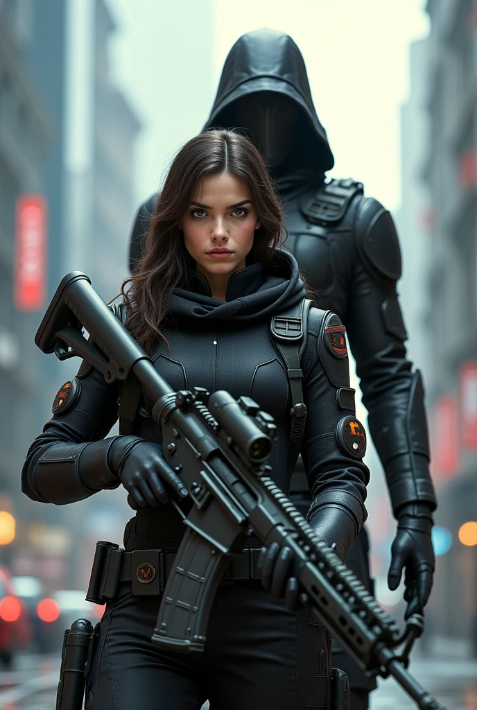 a woman, full body (tall, long black hair, Anne Hathaway-like face, serious look), wearing military gear (bulletproof vest, jeans, combat boots), holding a gun in his right hand, walking in paris, at night super realistic style