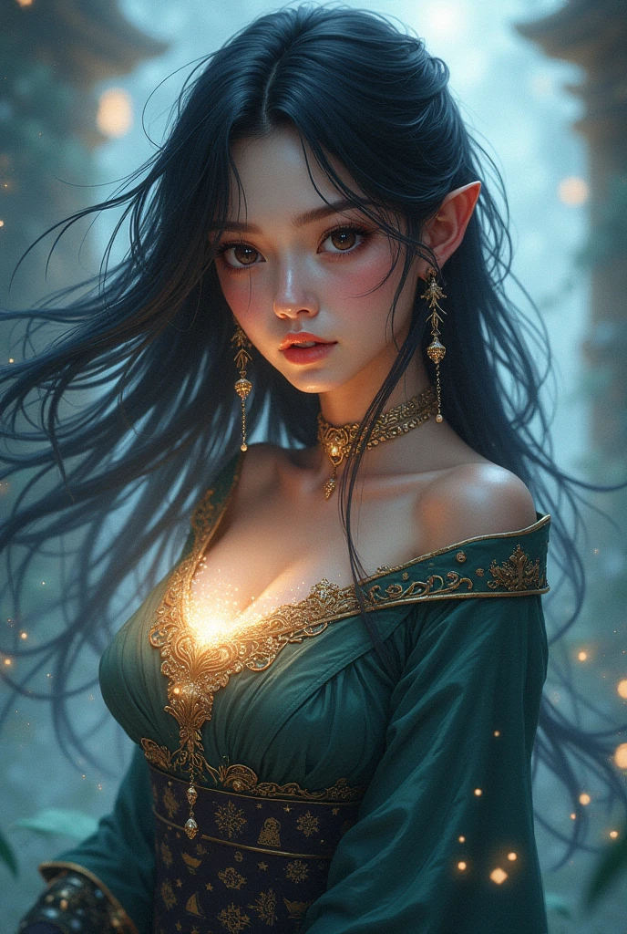 Make and elf character reall and bold. With proper elf outfit and make surrounding charming and gliter bubble and with gorgeous view