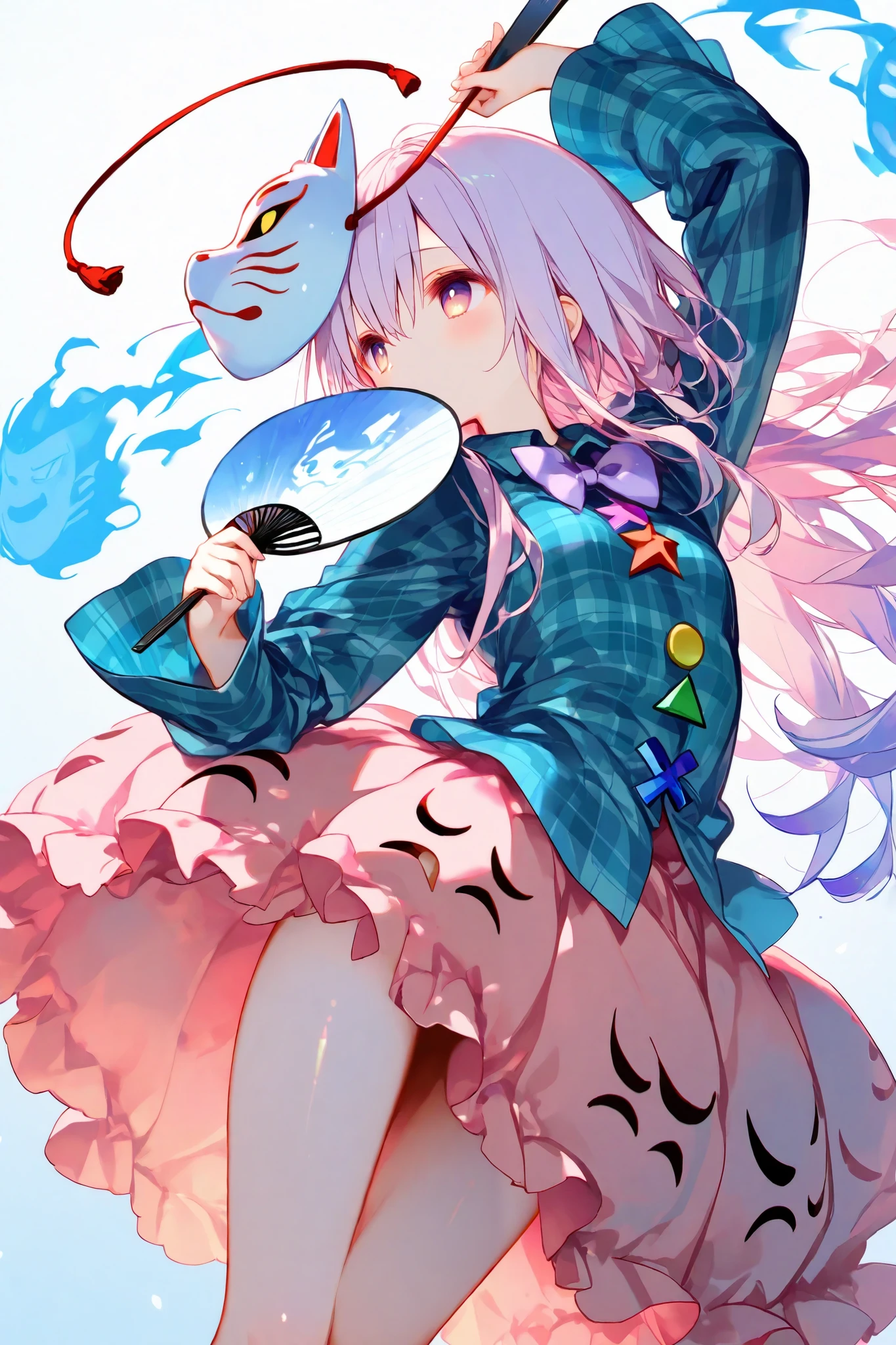 General,AIU,Komeshiro Kasu style,usnr, luisap,masterpiece, best quality, ultra-detailed,1girl\(hata no kokoro,shiny skin\), delicate expression,looking away, holding a fan, dynamic pose, soft lighting, gradient background(pastel blue to pink to purple), Bloom Effect, Particle Effects, soft focus, high resolution, anime style, Gradient, Digital Painting, 8K