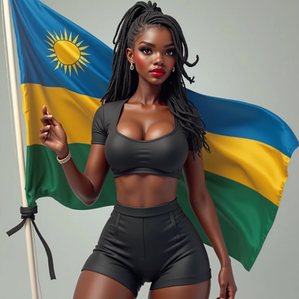 Hyper realistic super detailed sexy Melanin detailed, expressions faciales sexy, seductive facial expressions, [Cardi B face: 1.4): 0.4], 16K resolution, 4k resolution, (Ventre plat parfait), (image couleur), big round ass, bubble ass, front view, BREAK Outfit: Melanin exudes confidence and attitude in her blue, white and red robe (French colors: 1.2) gala attire, opting for a stylish look. She wears a pair of high-waisted form-fitting pants that elegantly accentuate her legs. With a magnificent top and jewelry,. Body:, captivating eyes, and large D-cup breasts, Melanin exudes confidence and elegance in a background full of French flags, to celebrate French revolution (French imagery and flags: 1.5) . Looking at viewer, masterpiece, best quality, highly detailed, desire, blush, (Beautiful and detailed eyes description), (beautiful and detailed face), Perfect female body, (Best Quality), (ultra-detailed), (master piece), (hight resolution), (Original), (the Extremely Detailed CG Unity 8K Wallpapers)