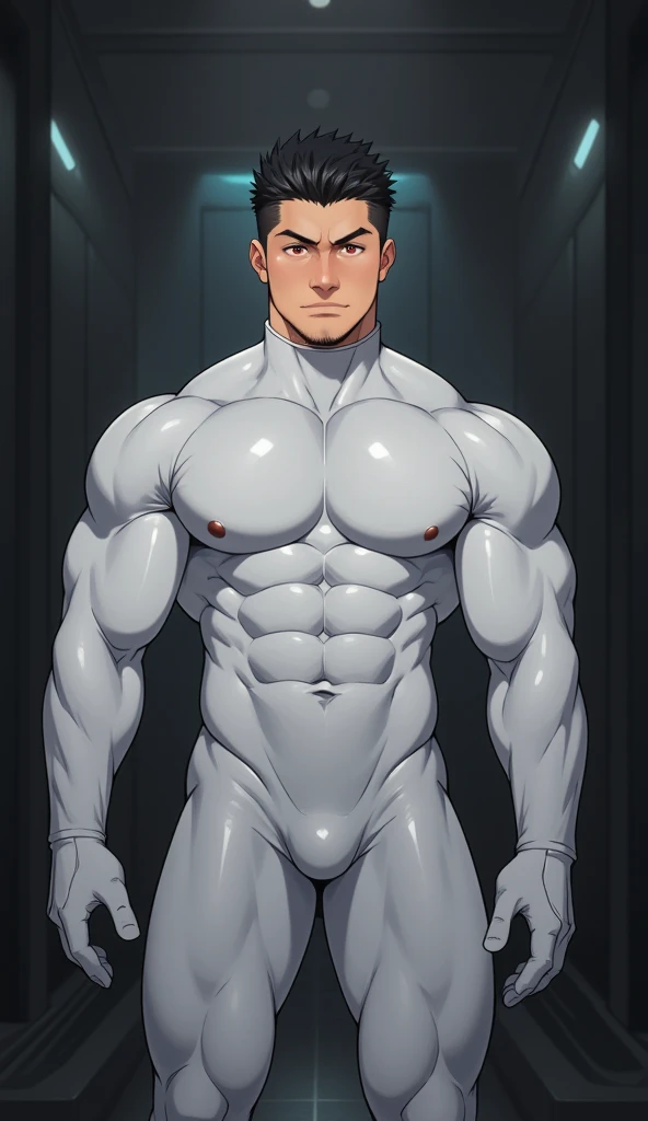 est quality, masterpiece, intricate details, ((extremely transparent slime man)), muscular handsome, standing inside cylindrical glass tank, in high tech science laboratory, nude, masturbates, grabs breast, gay, homoerotic, best view, zoomed out, fill frame, full body, manga art style, perfect fingers, no watermark, no logo, no signature