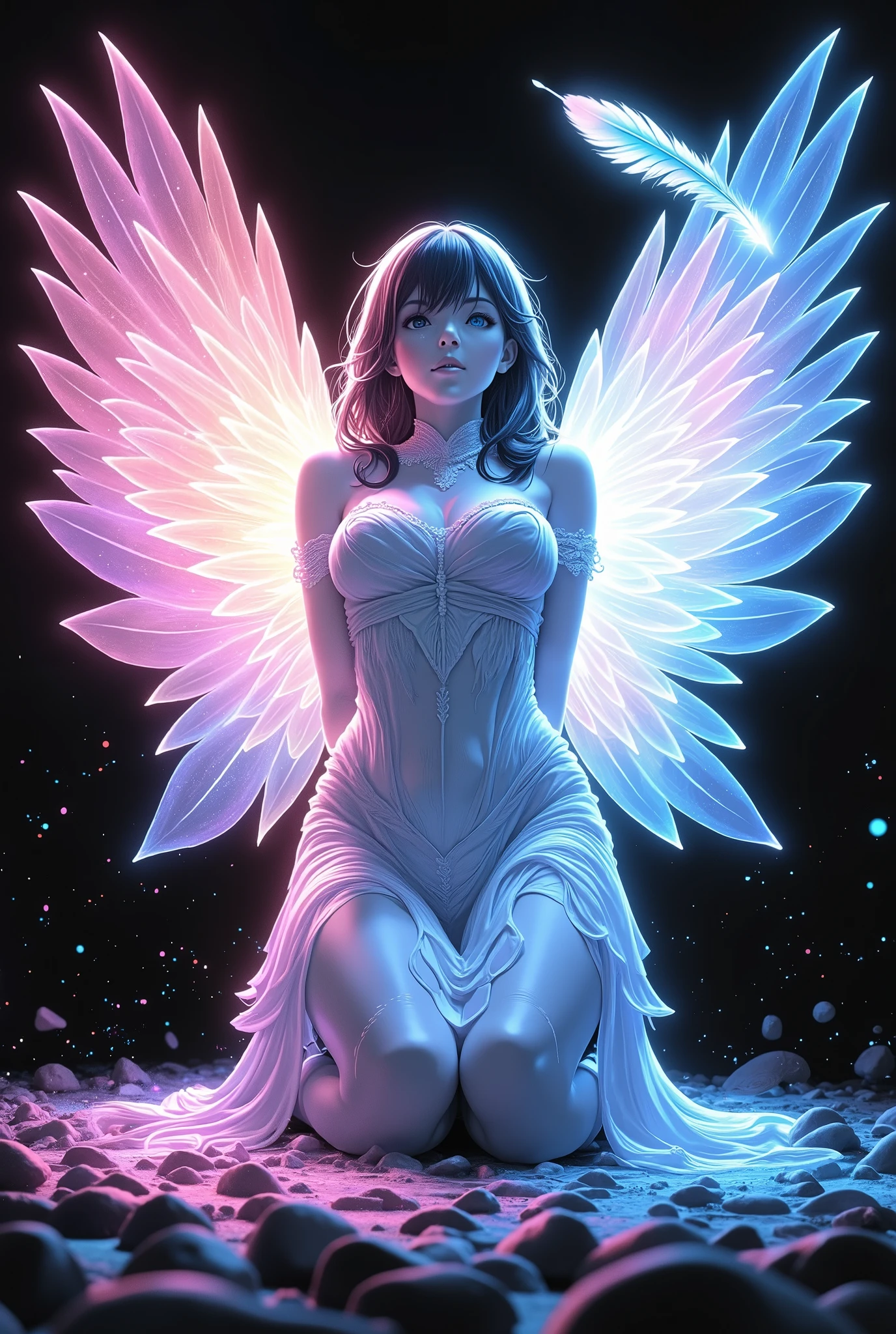 Neon Light Angel,Angel with Neon Light Wings,Angel with an Elegant Face,Angel Posing,Focus on a single feather that floats softly like a mysterious angel:1.6,Best Quality,4K,ultra-detailed,photo-realistic,studio lighting,Extreme Detailed Description,professional pose,vivid color,Bokeh,Neon Light Glowing Background,Neon Radiation,Fantastic Atmosphere,Produce colorful and dynamic light,digital art